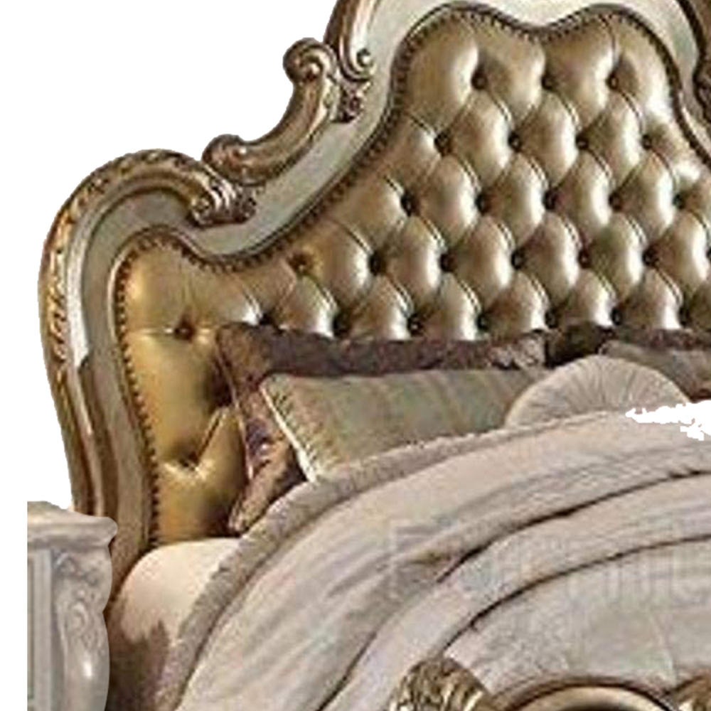 Benjara Scalloped Crown Top California King Size Bed with Claw Poster Legs, Gold