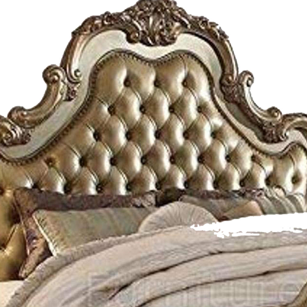 Benjara Scalloped Crown Top California King Size Bed with Claw Poster Legs, Gold