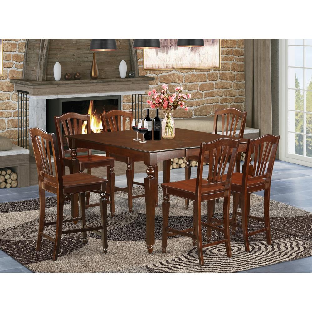 East West Furniture CHEL7-MAH-W 7 PC counter height Dining set- Square pub Table and 6 counter height Chairs