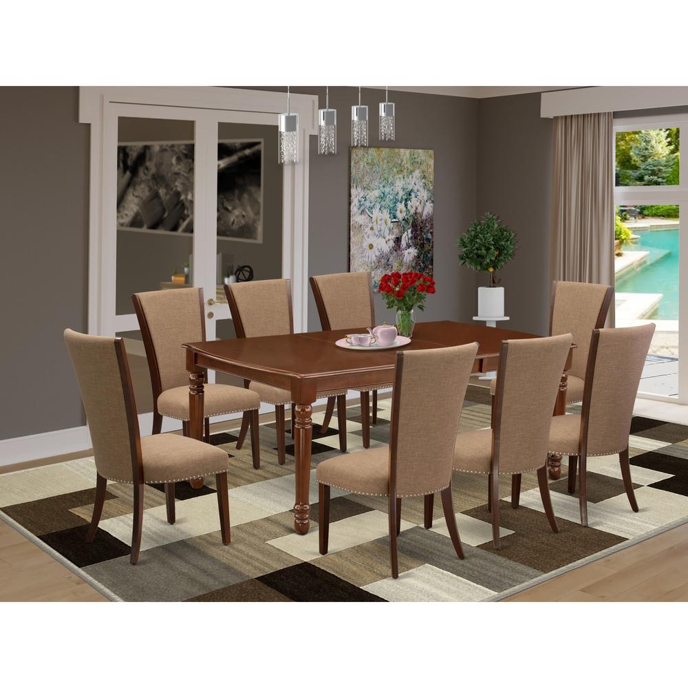 East West Furniture East-West Furniture DOVE9-MAH-47 - A dining room table set of 8 great indoor dining chairs with Linen Fabric Light Sable color