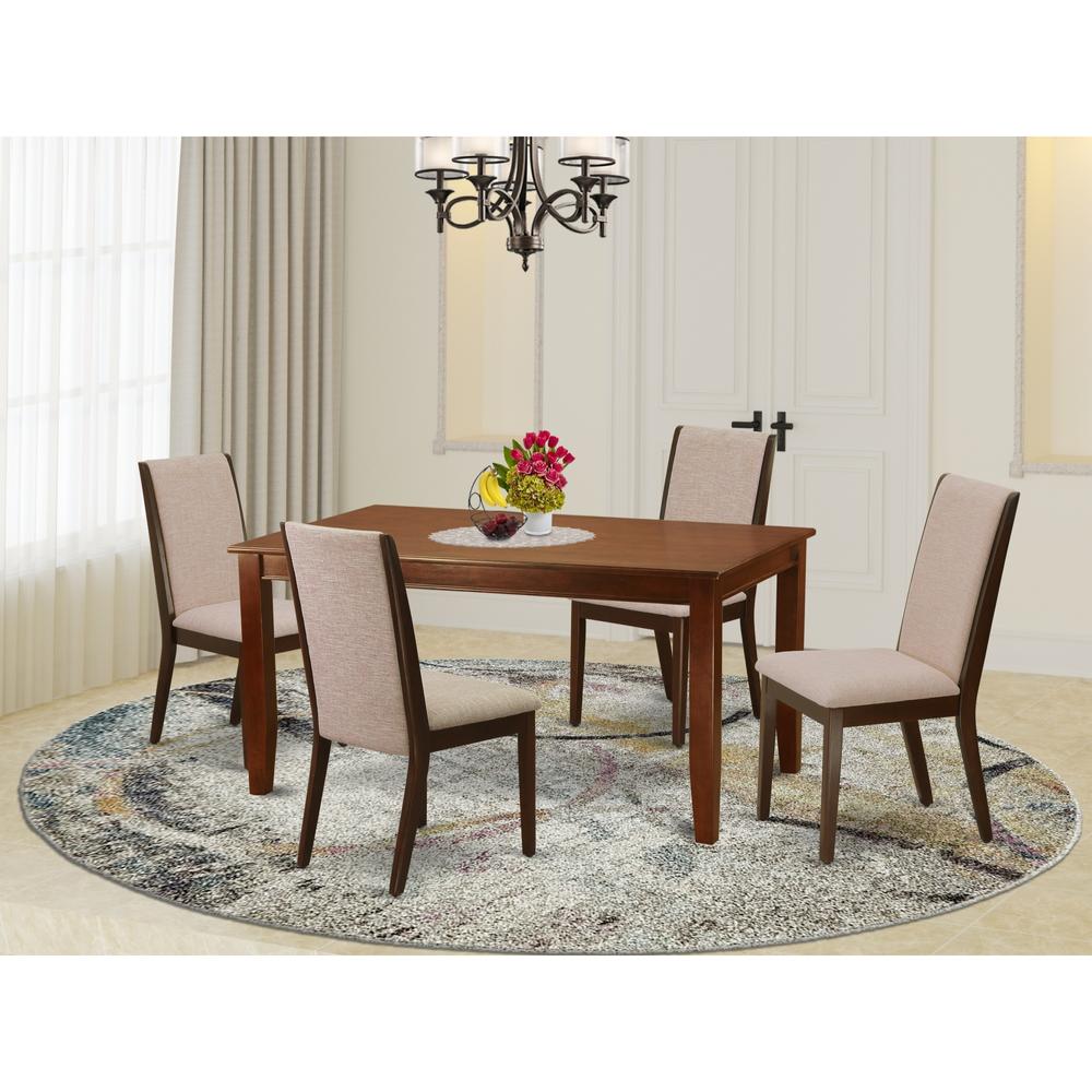 East West Furniture DULA5-MAH-04 5-Piece small dining table set- 4 parson dining room chairs and Rectangular dinette table har