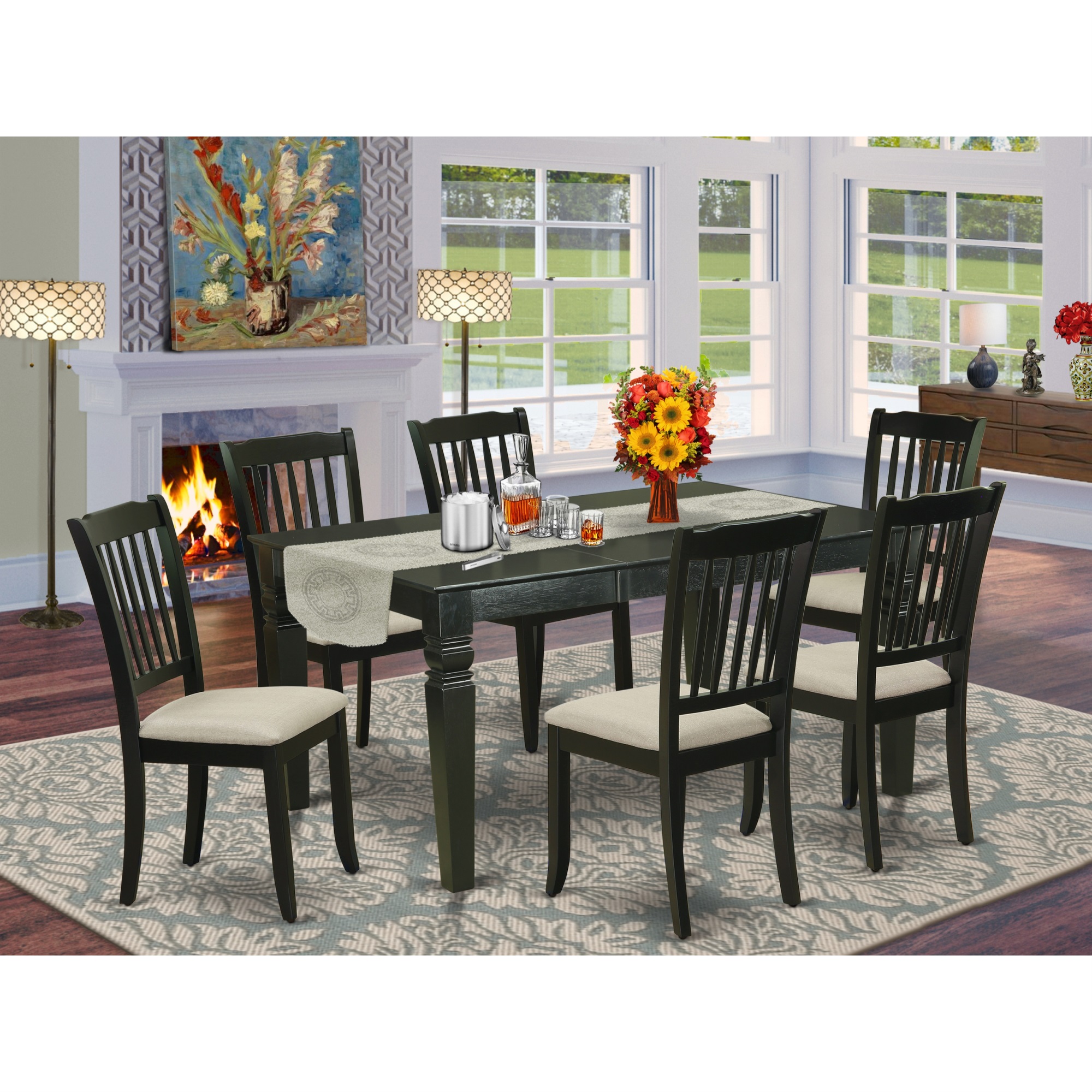 East West Furniture WEDA7-BLK-C 7Pc Dinette Set Includes a Rectangular Kitchen Table with Butterfly Leaf and Six Vertical Slatted Linen Seat Dinin