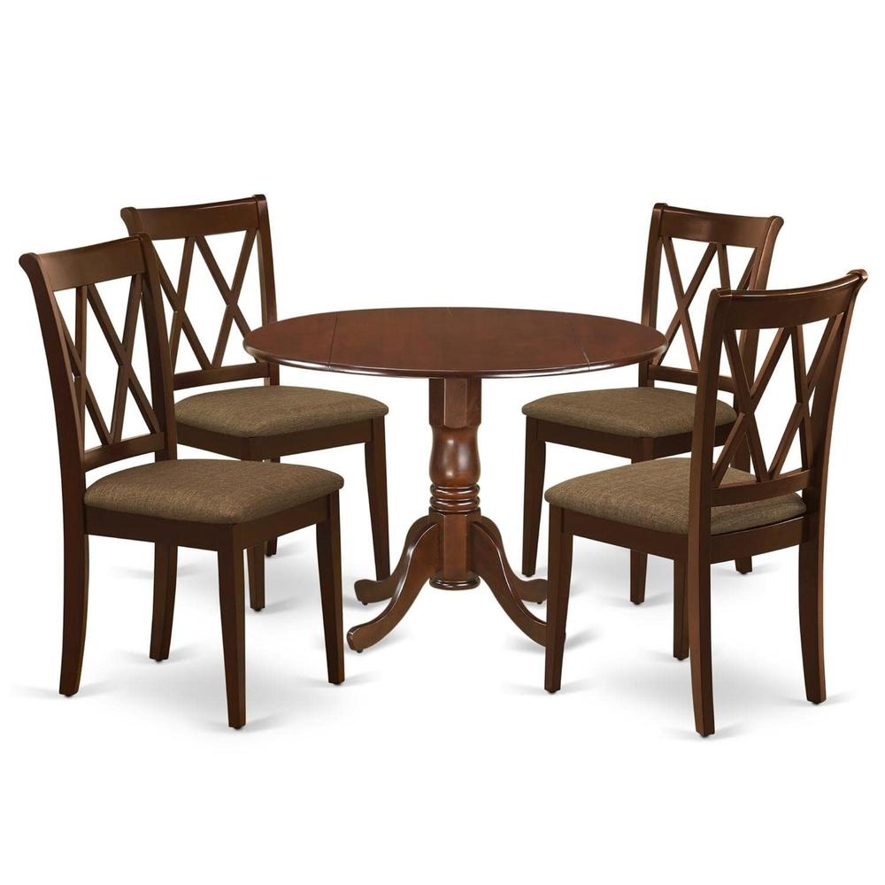 East West Furniture DLCL5-MAH-C 5Pc Dining Set Includes a Round Dinette Table with Drop Leaves and Four Double X Back Linen Seat Kitchen Chairs, M