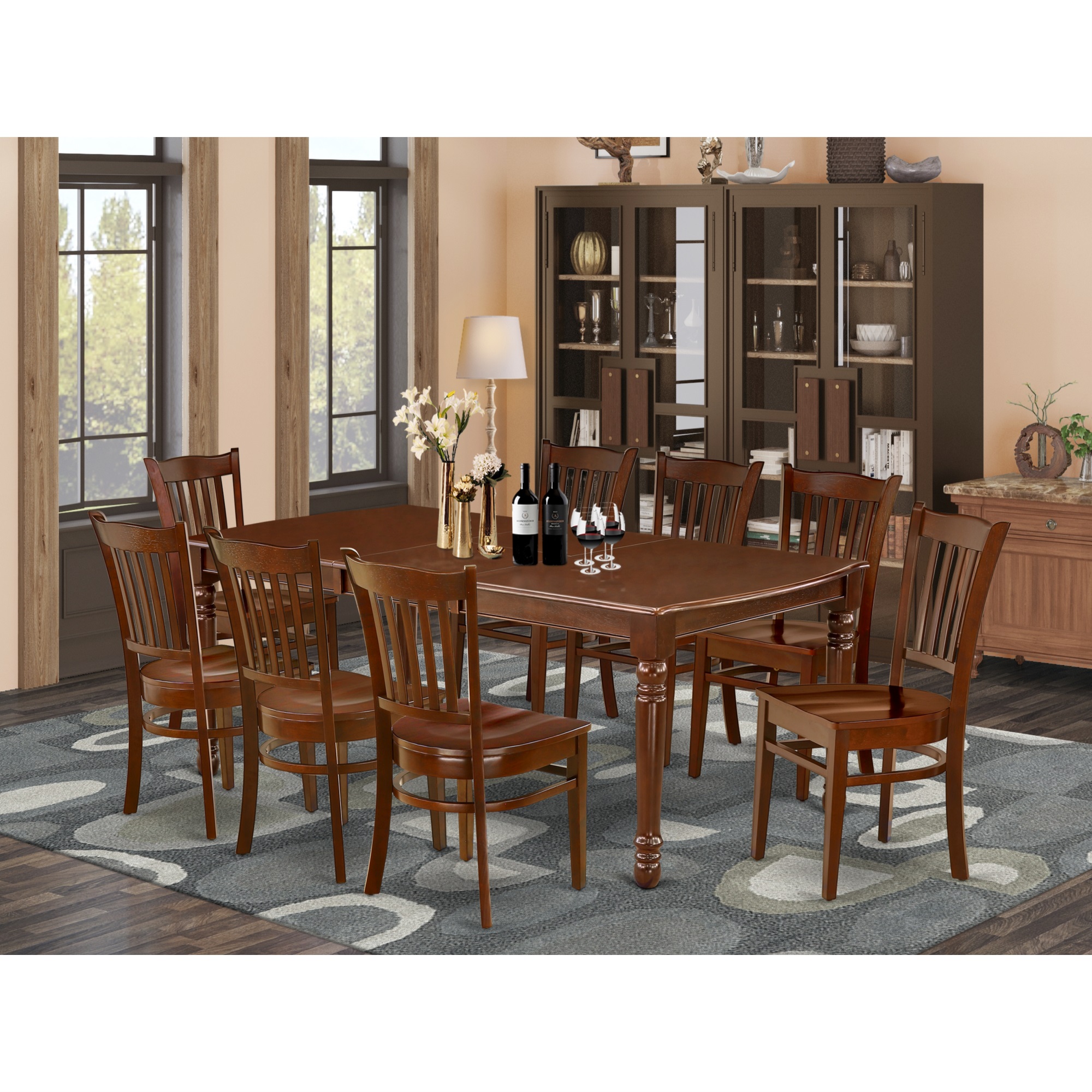 East West Furniture DOGR9-MAH-W 9Pc Rectangular 60/78" Dining Room Table With 18 In Butterfly Leaf And 8 Wood Seat Chairs