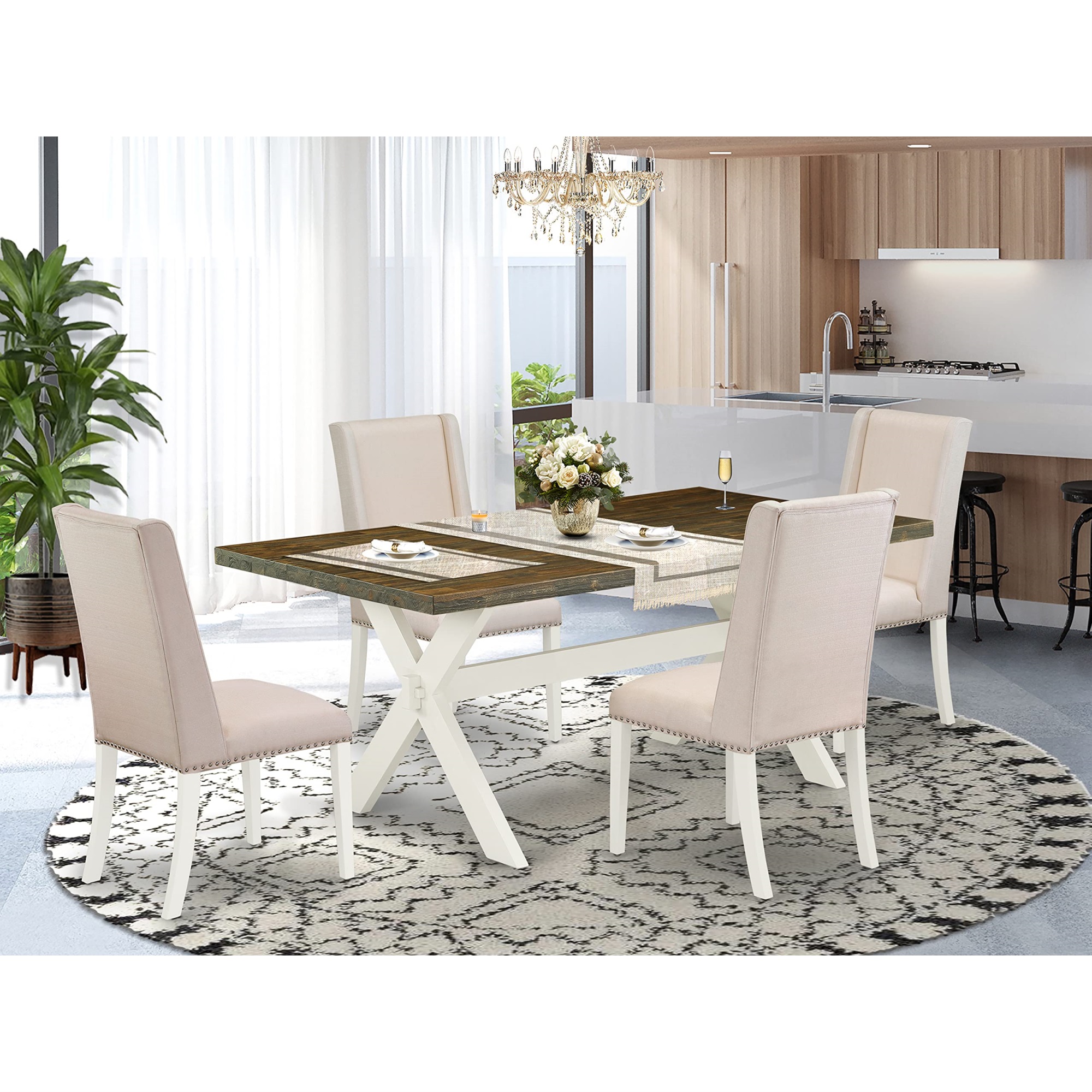 East West Furniture 5-Pc Kitchen Dinette Set Included 4 Dining room chairs Upholstered Nails Head Seat and Stylish Chair Back 
