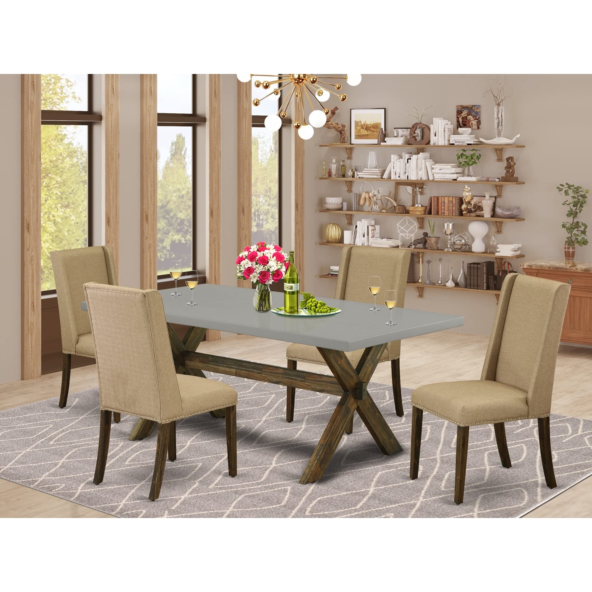East West Furniture 5-Pc Dining Table Set Included 4 Parson Dining room chairs Upholstered Seat and Stylish Chair Back and Rec