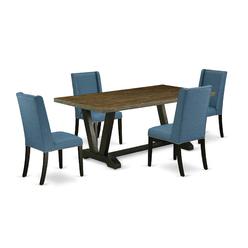 East West Furniture V677FL121-5 5 Piece V-Style Awesome Kitchen Table Set - Mineral Blue&#44; Distressed Jacobean & Wire Brushed Black