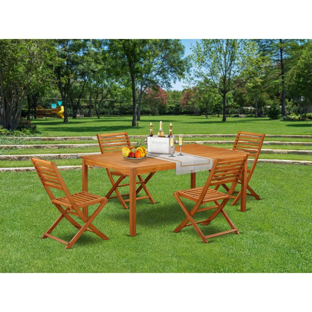 East West Furniture CMBS5CWNA This 5 Piece Acacia Hardwood Balcony Sets includes one Outdoor-Furniture table and 4 foldable Outdoor-Furniture chai