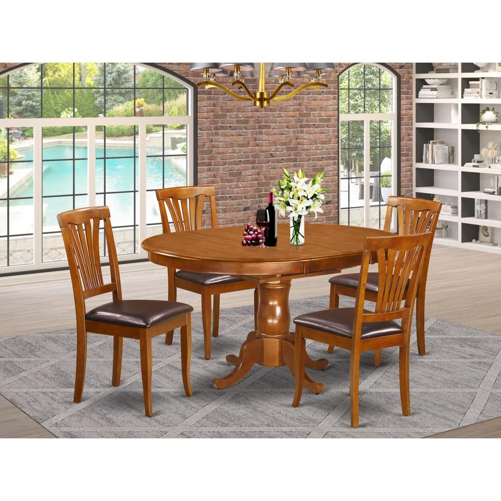 East West Furniture POAV5-SBR-LC 5 Pc set Portland Dining Table featuring Leaf and 4 Upholstered Seat Chairs in Saddle Brown