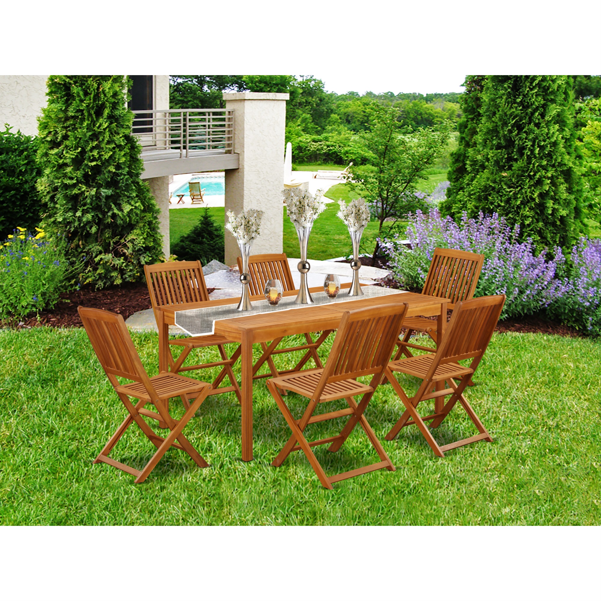 East West Furniture CMCM7CWNA This 7 Piece Acacia Solid wood Outside patio Dining Sets offers one Outdoor-Furniture table and Six patio dining cha