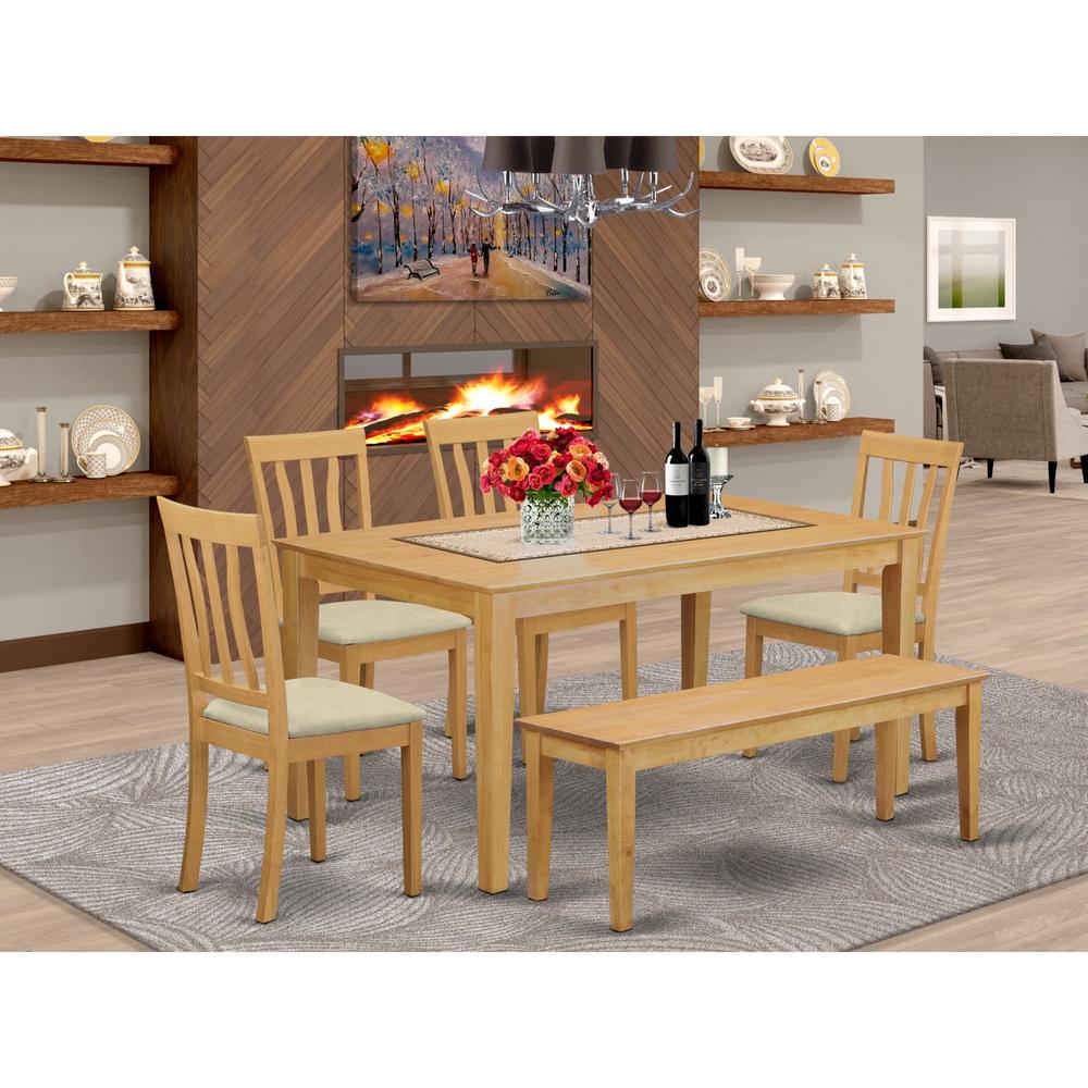 East West Furniture CAAN6-OAK-C 6 Pc Table and chair set - Kitchen Table and 4 Kitchen Chairs plus Wooden bench