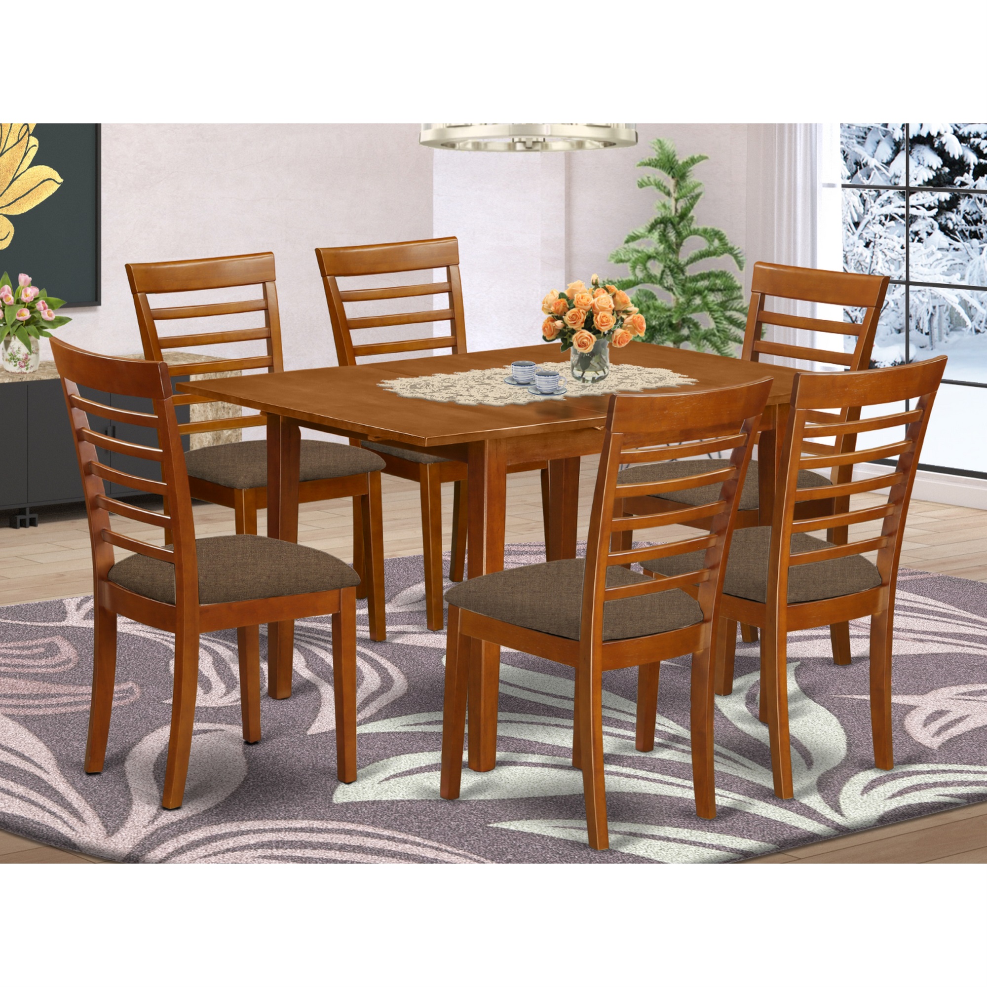 East West Furniture MILA7-SBR-C 7 Pc Kitchen nook Dining set-breakfast nook and 6 Dining Chairs in Brown