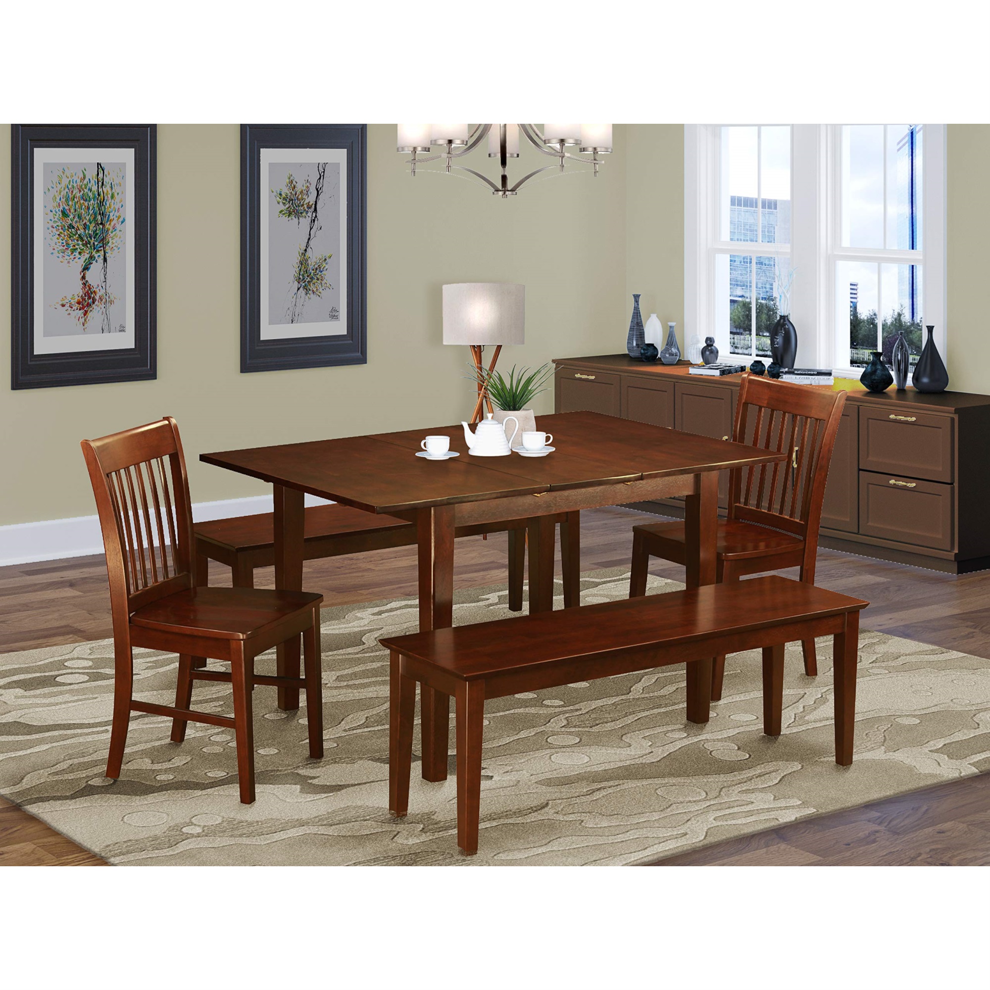East West Furniture MLNO5C-MAH-W 5 Pc Kitchen nook Dining set-breakfast nook and 2 Dining Chairs 2 Benches