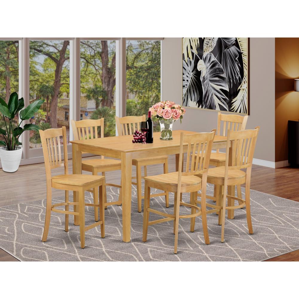 East West Furniture CAGR7H-OAK-W 7 Pc counter height pub set - high top Table and 6 counter height Dining chair.