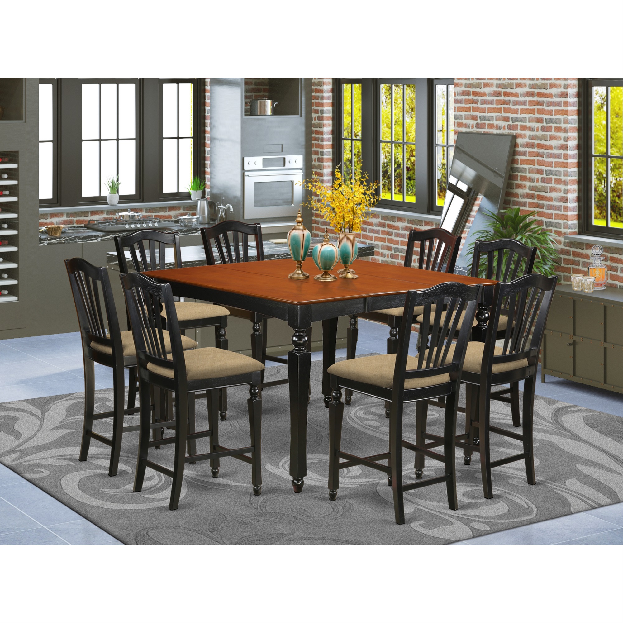 East West Furniture CHEL9-BLK-C 9 PC counter height set- Square pub Table and 8 Kitchen counter Chairs