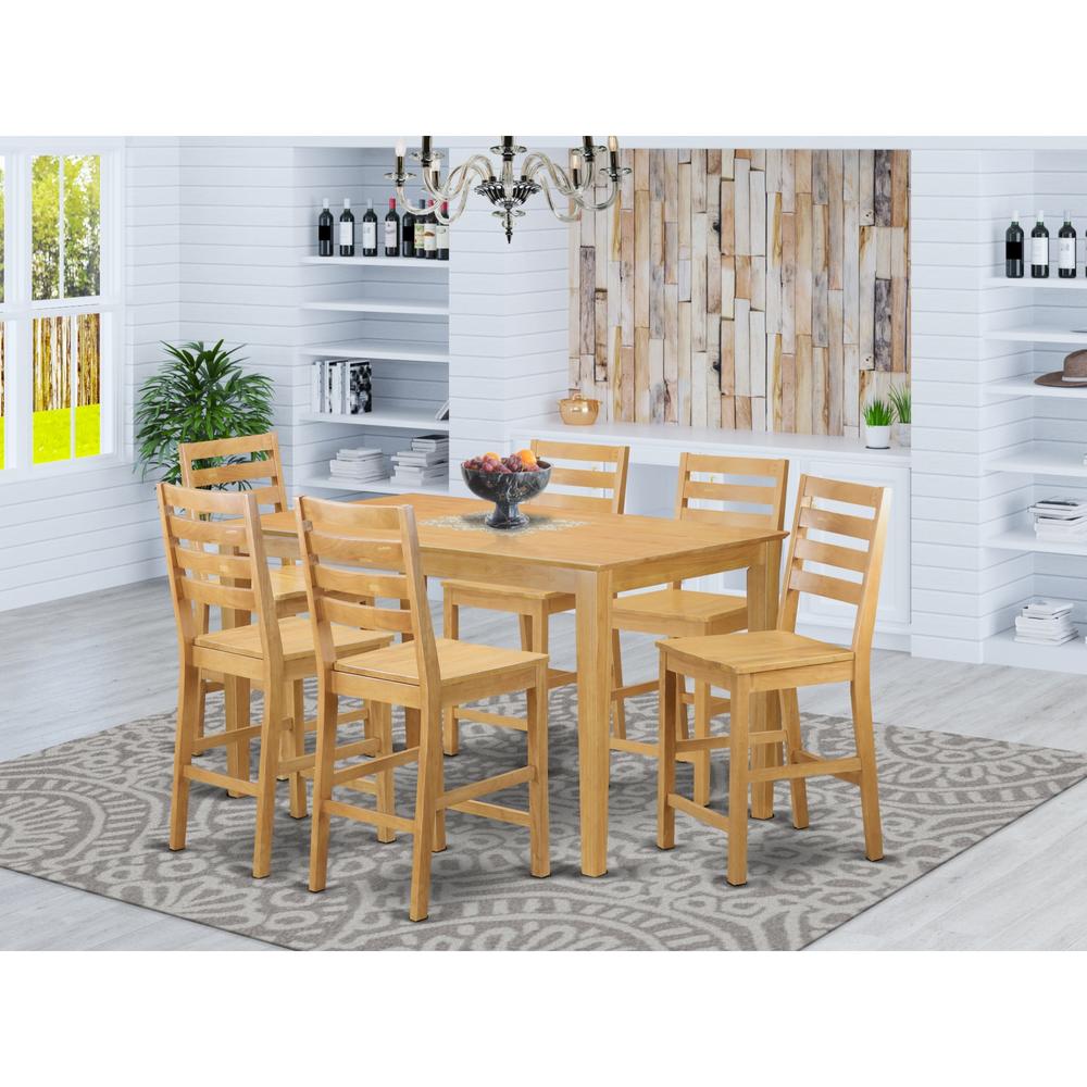 East West Furniture CACF7H-OAK-W 7 Pc counter height set - high Table and 6 dinette Chairs.