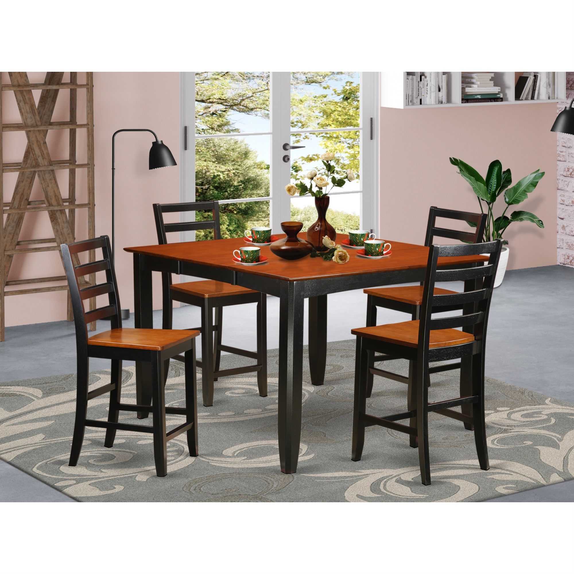 East West Furniture FAIR5-BLK-W 5 PC counter height Dining set- Square Counter height Table and 4 Dining Chairs
