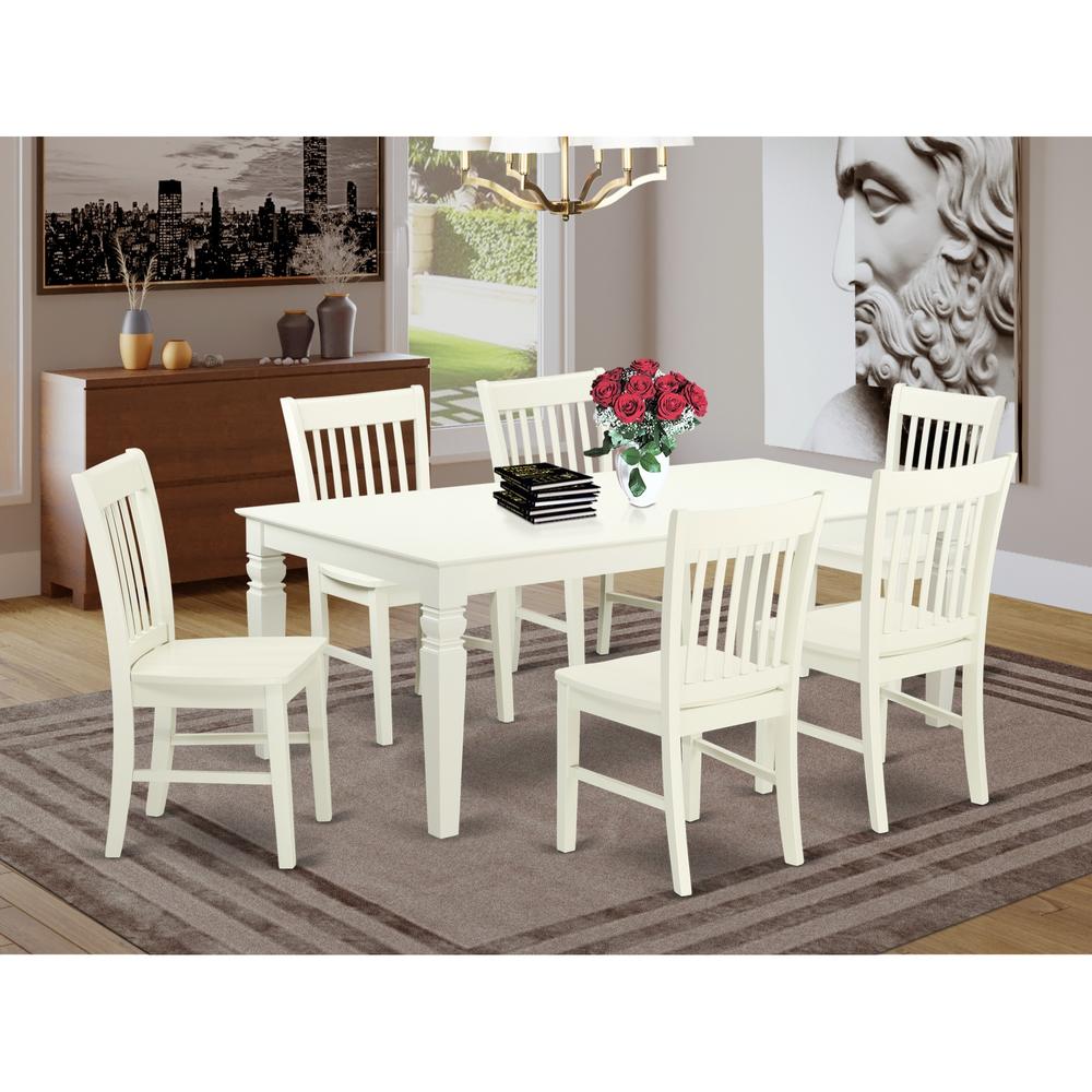 East West Furniture LGNO7-LWH-W 7 Pc Dining Set With One Logan Dinning Table And Six Wood Kitchen Chairs Finished In A Rich Linen White Color.