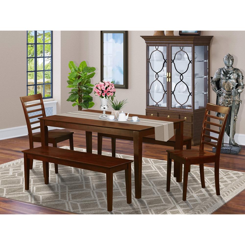 East West Furniture CAML5C-MAH-W 5 PC Dining room set-Kitchen Table and 2 Chairs and 2 Benches