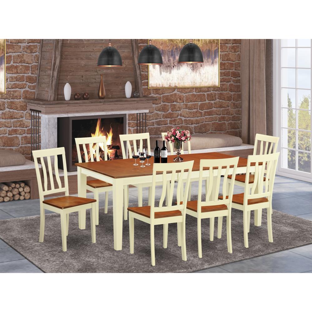 East West Furniture QUAN9-WHI-W 9 PC Kitchen nook Dining set -Dining Table and 8 Dining Chairs