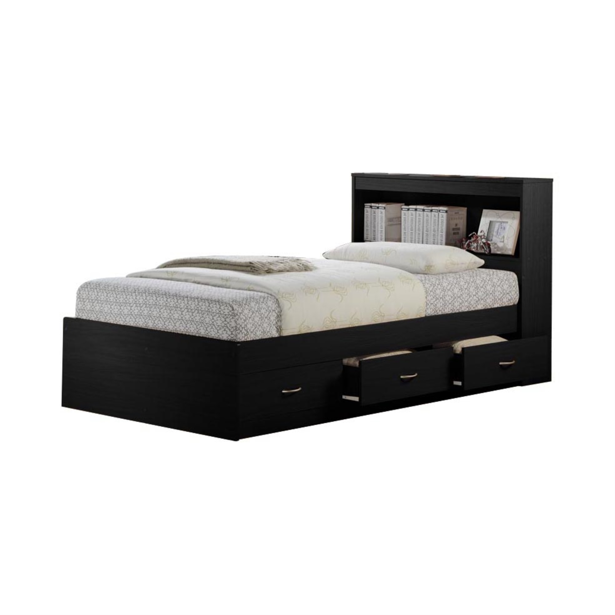 Hodedah HIBT60 BLACK Twin-Size Captain Bed with 3-Drawers & Headboard - Black