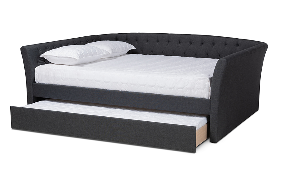 Baxton Studio Delora Modern and Contemporary Dark Grey Fabric Upholstered Full Size Daybed with Roll-Out Trundle Bed
