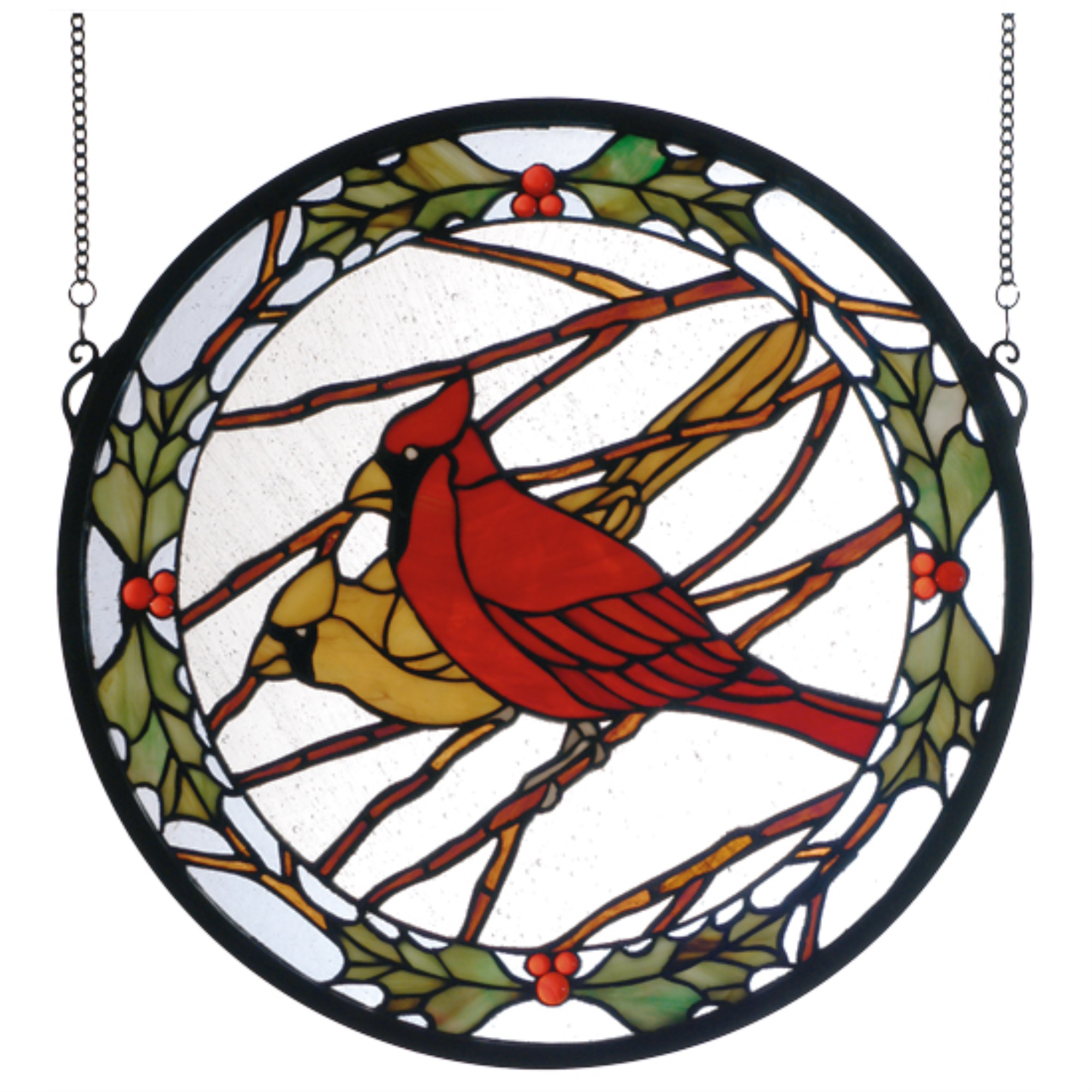 Meyda 15"W X 15"H Cardinals & Holly Stained Glass Window