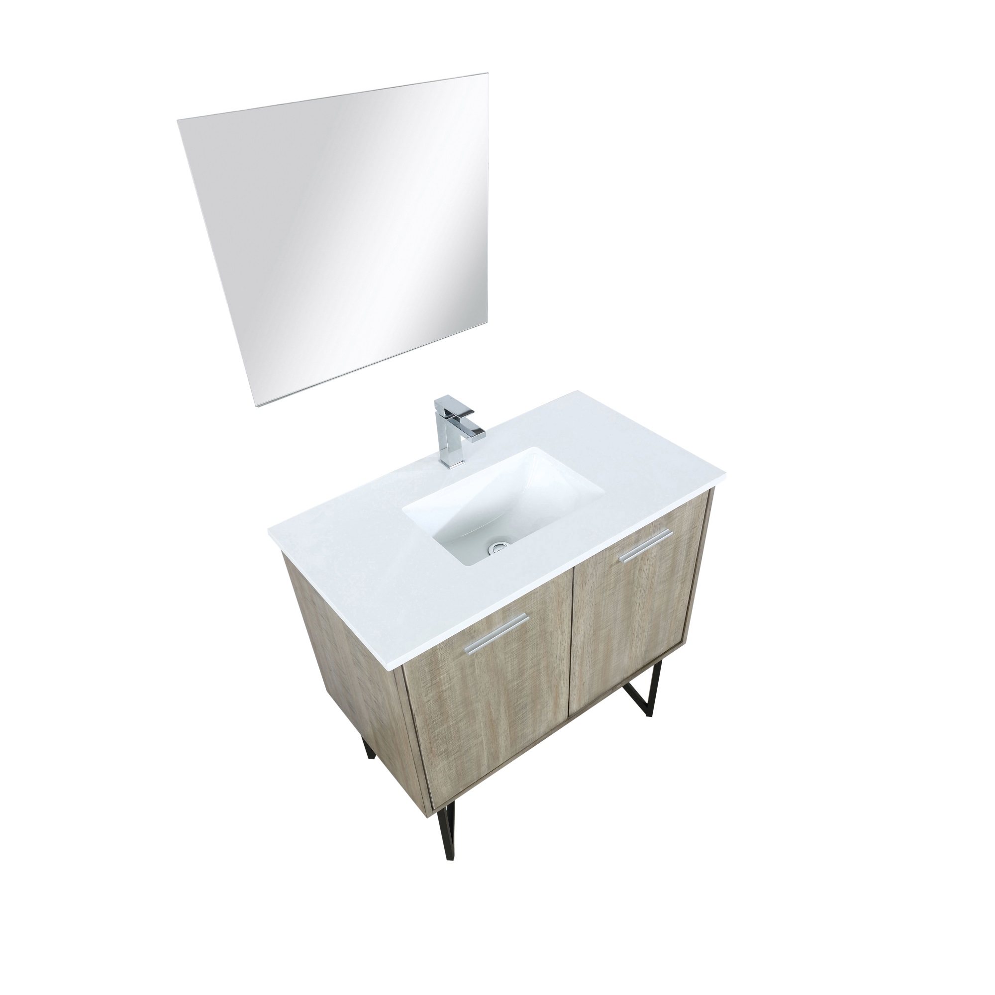Lexora Lancy 36" Rustic Acacia Bathroom Vanity, White Quartz Top, White Square Sink, Monte Chrome Faucet Set, and 28" Frameless Mirro