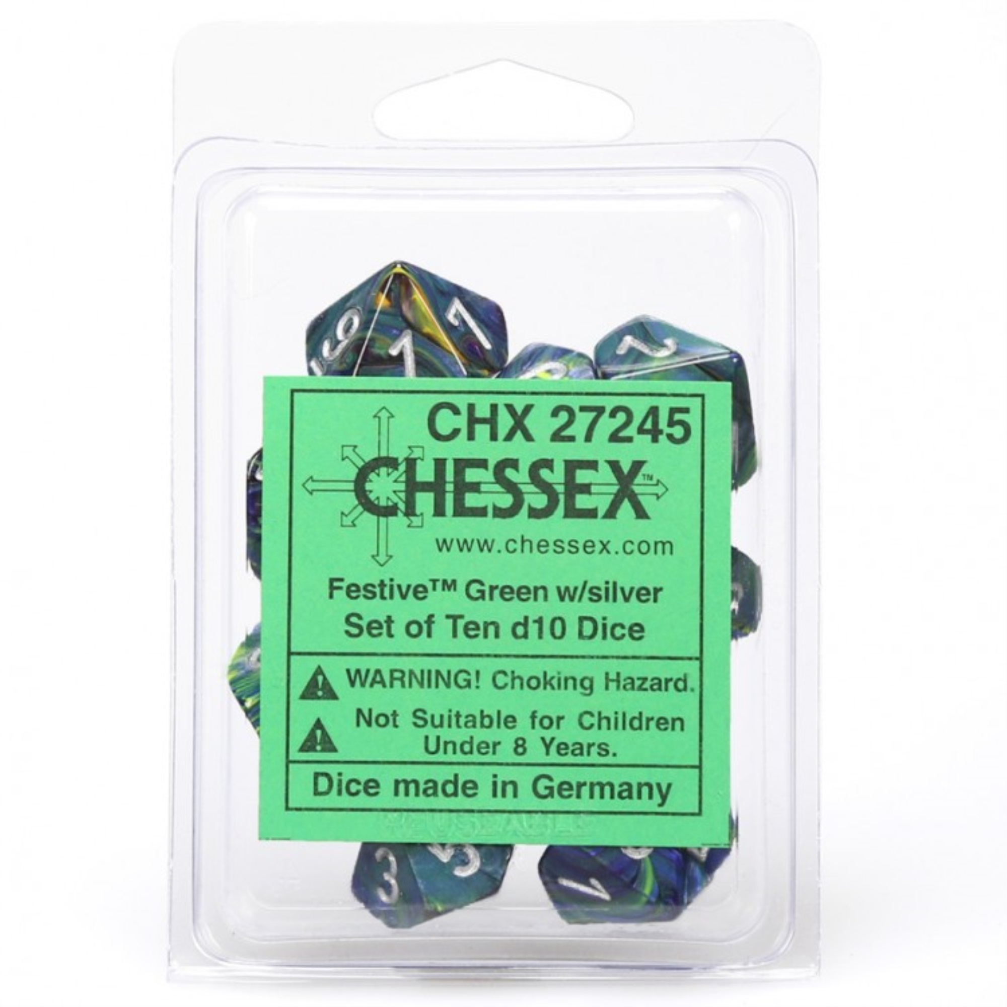 CHESSEX MANUFACTURING Chessex Dice - Festive - d10 Chessex D10 Green w/Silver (10)