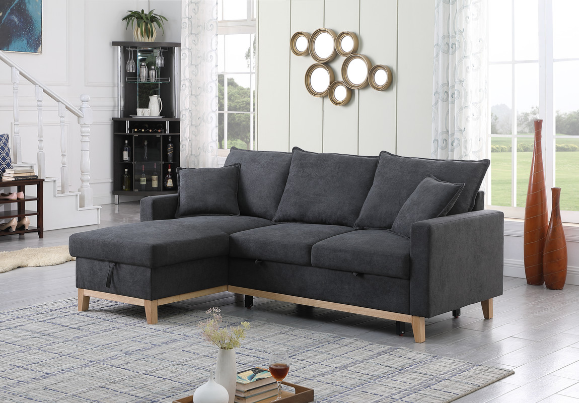 Lilola Home Woven Reversible Sleeper Sectional Sofa with Storage chaise, Dark gray