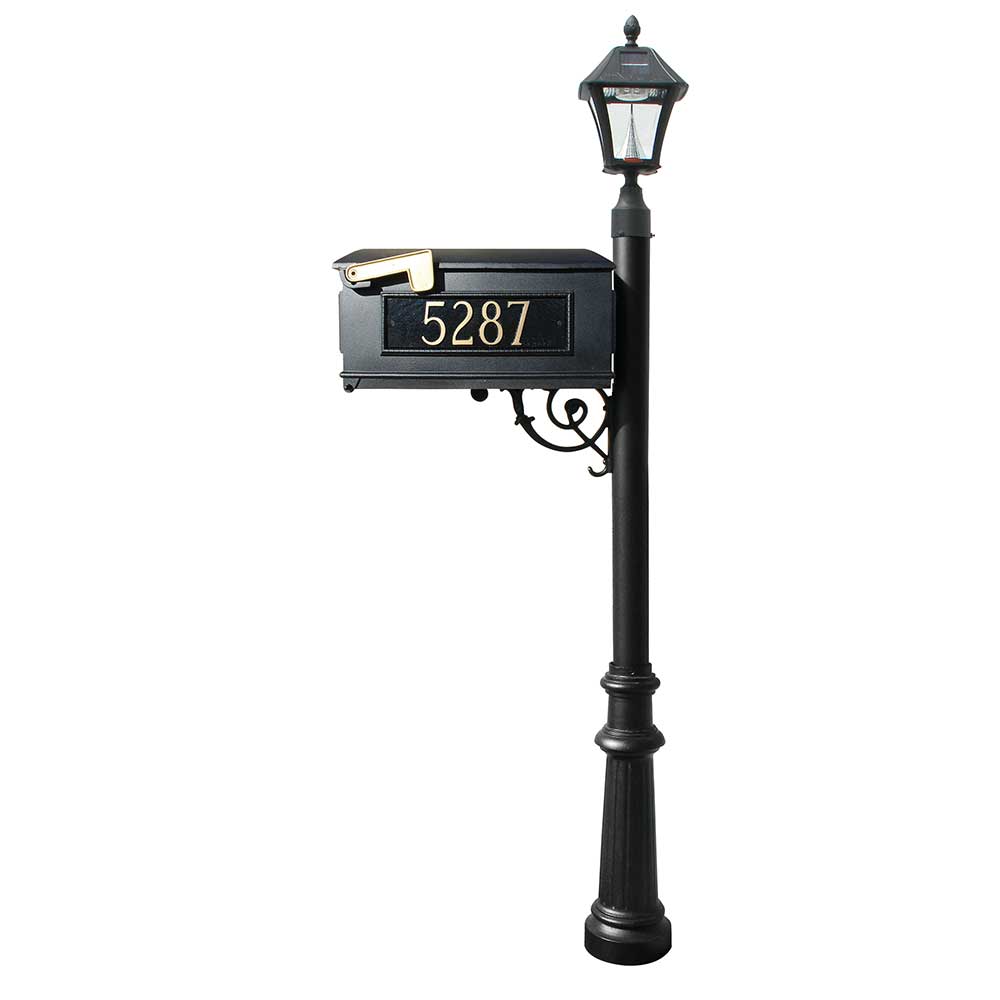 Qual Arc Lewiston Mailbox post system with Bayview Solar Lamp, 3 cast aluminum personalized address plates and decorative fluted base