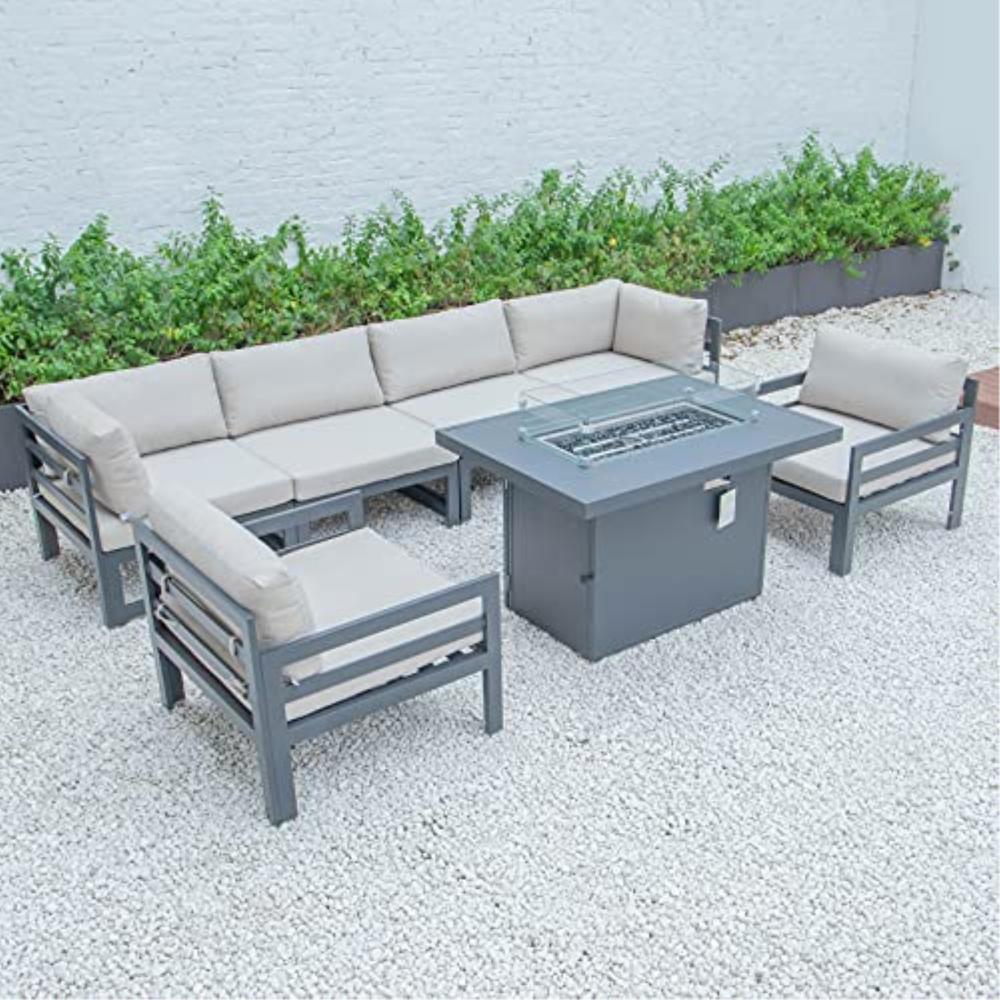 LeisureMod Chelsea 7-Piece Patio Armchair Sectional And Fire Pit Table Black Aluminum With Cushions