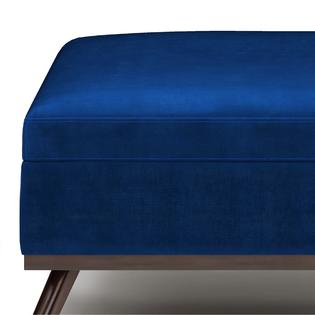 Simpli Home Owen Square Coffee Table Storage Ottoman in Blue Velvet Fabric