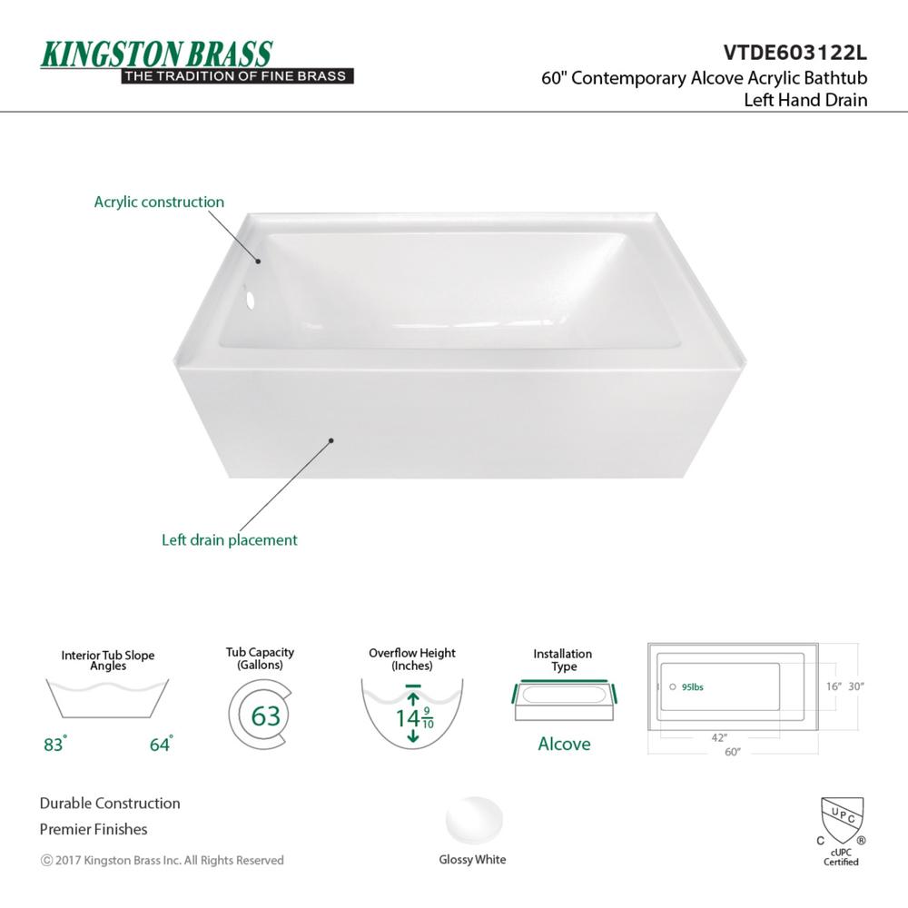 Kingston Brass Aqua Eden VTDE603122L 60-Inch Acrylic Alcove Tub with Left Hand Drain Hole, White