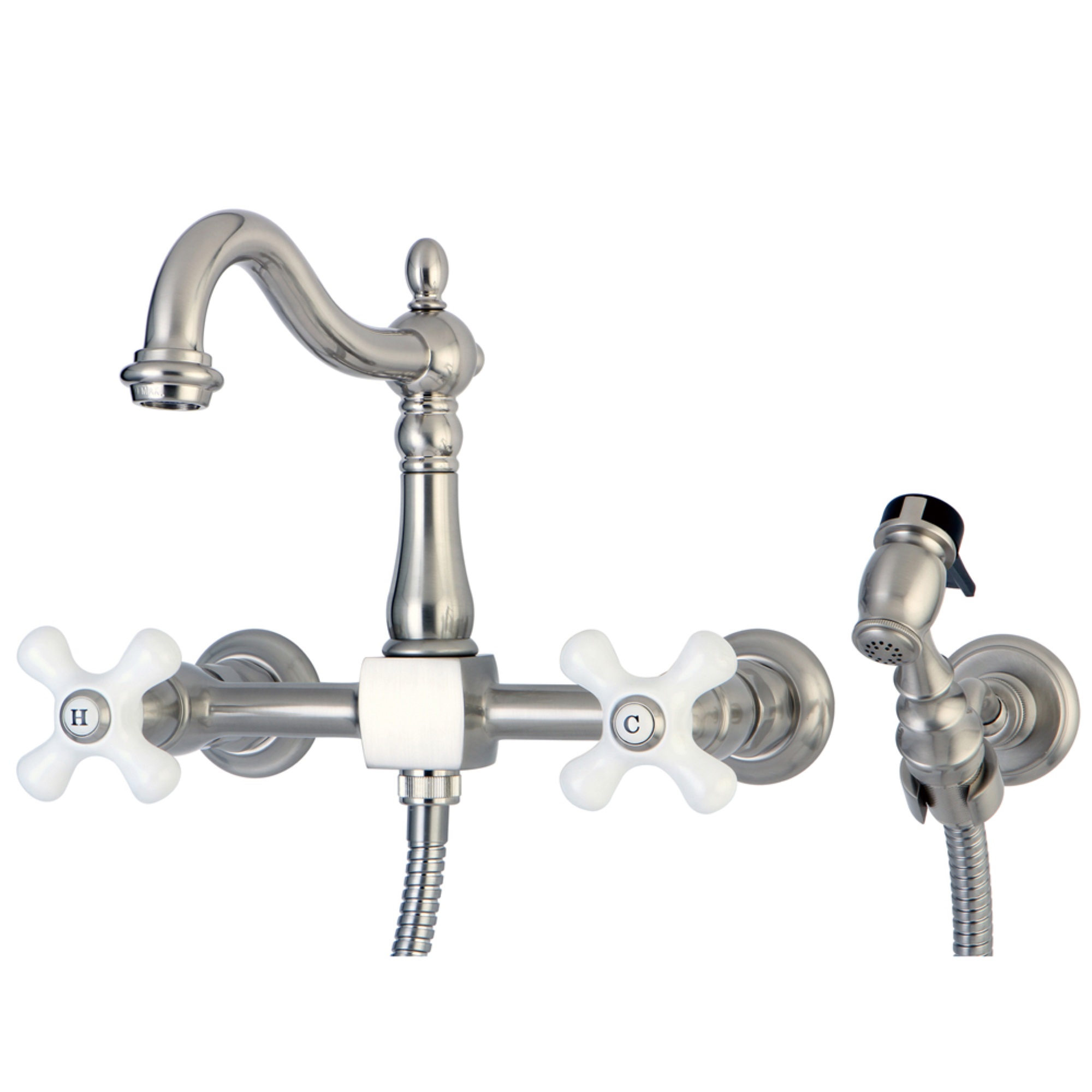 Kingston Brass Heritage 8-Inch Centerset Wall Mount Kitchen Faucet with Brass Sprayer, Brushed Nickel
