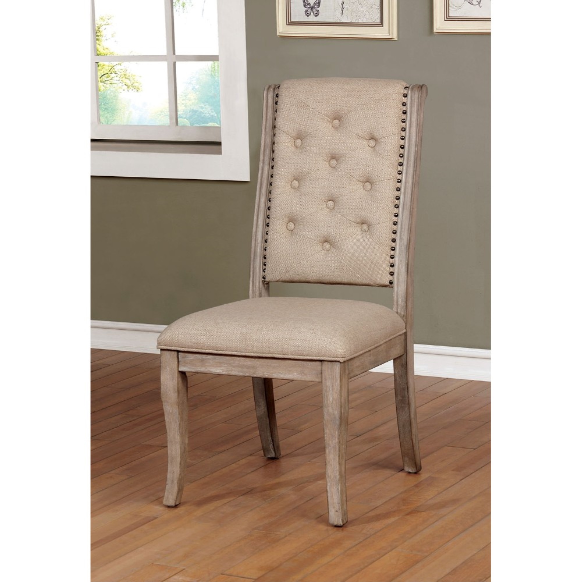 Benzara Fabric Upholstered Wooden Side Chair with Button Tufted Back, Pack Of 2, Beige and Brown