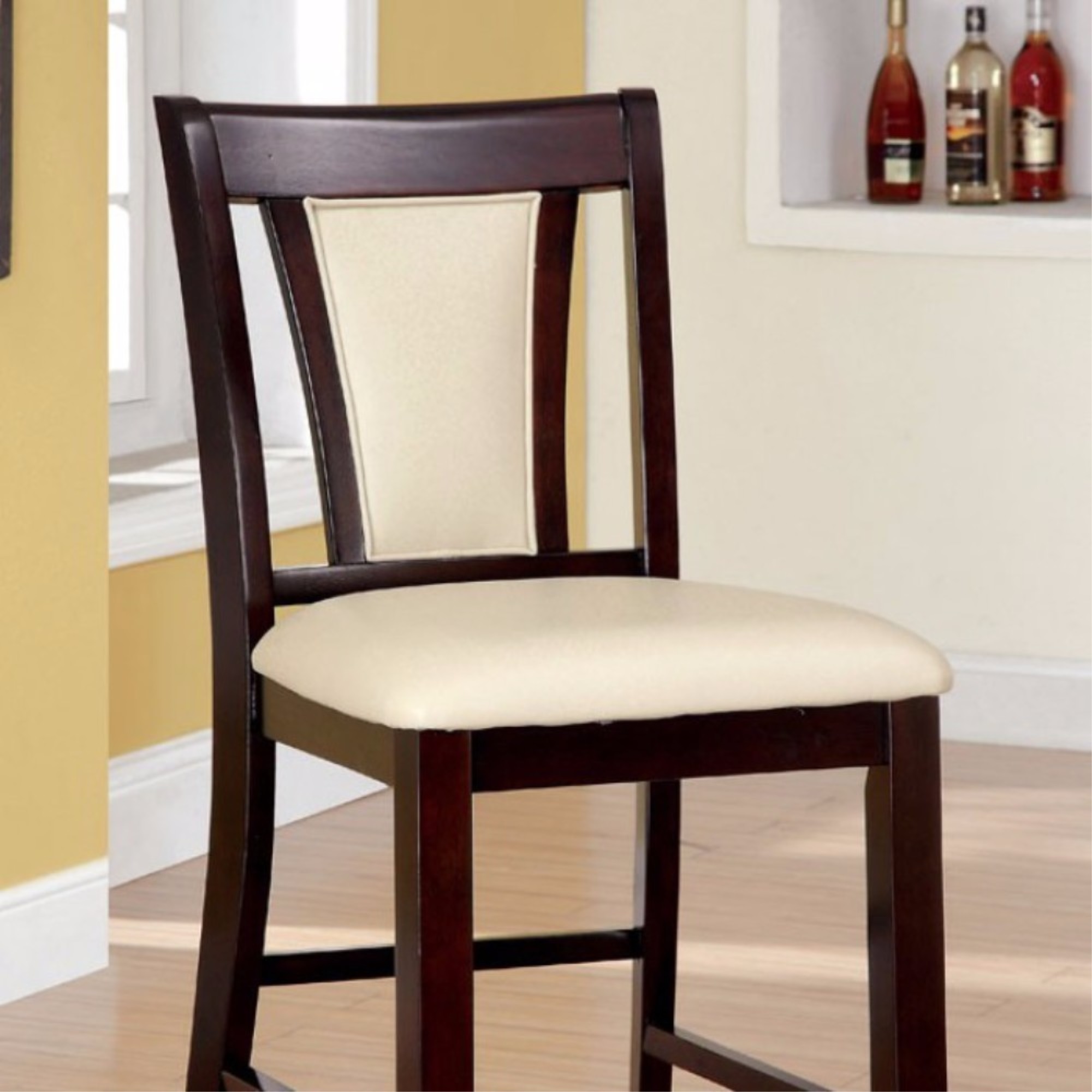 Benzara Wooden Counter Height Chair With Padded Seat and Back, Pack of 2, Brown & Ivory