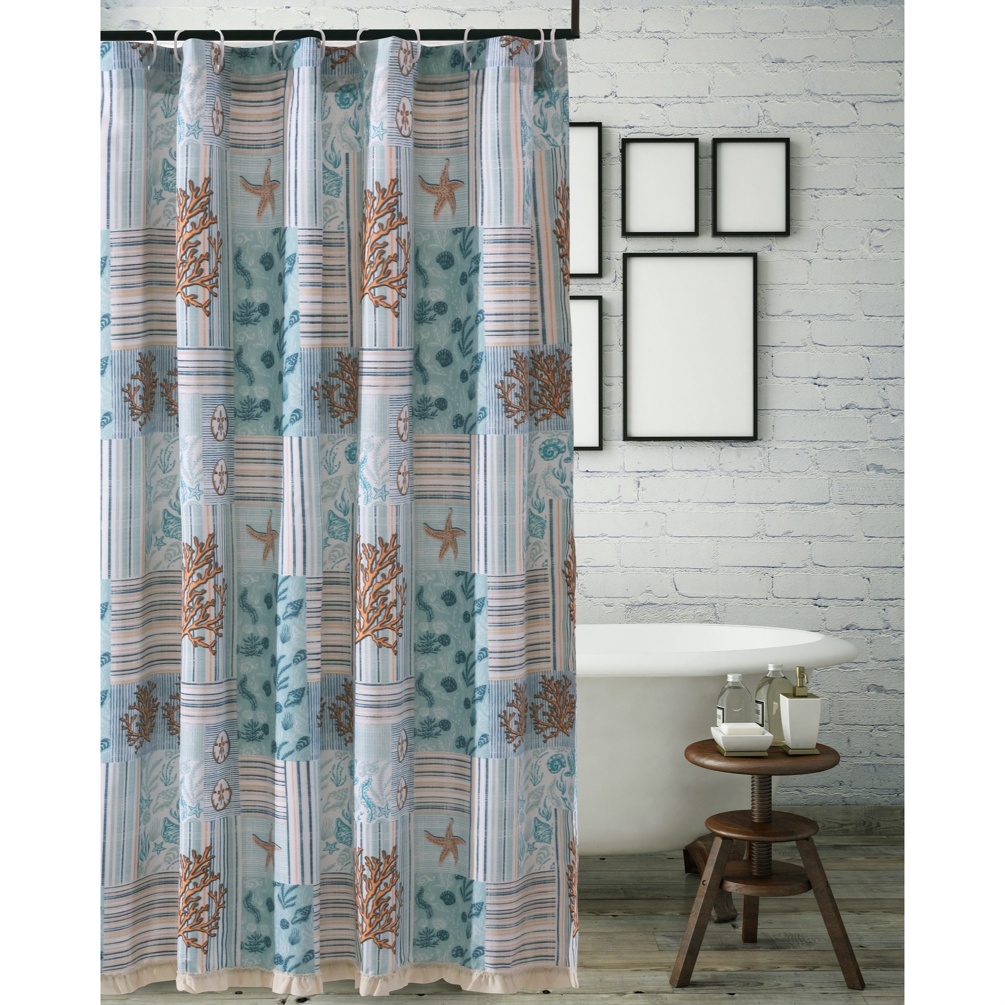 Benjara Sea Life Print Shower Curtain with Button holes, Blue and Brown
