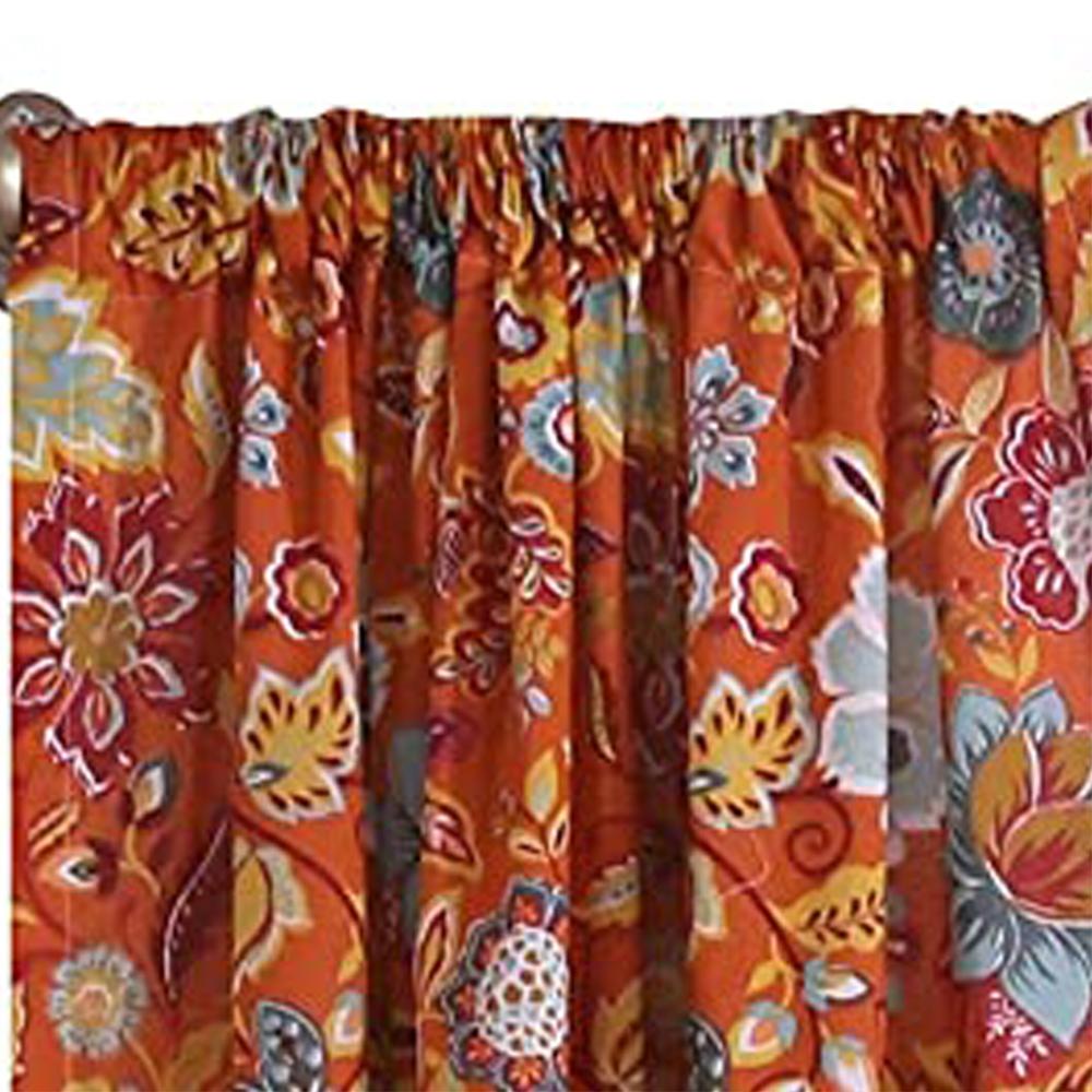 Benjara Paris 4 Piece Floral Print Fabric Curtain Panel with Ties, Orange