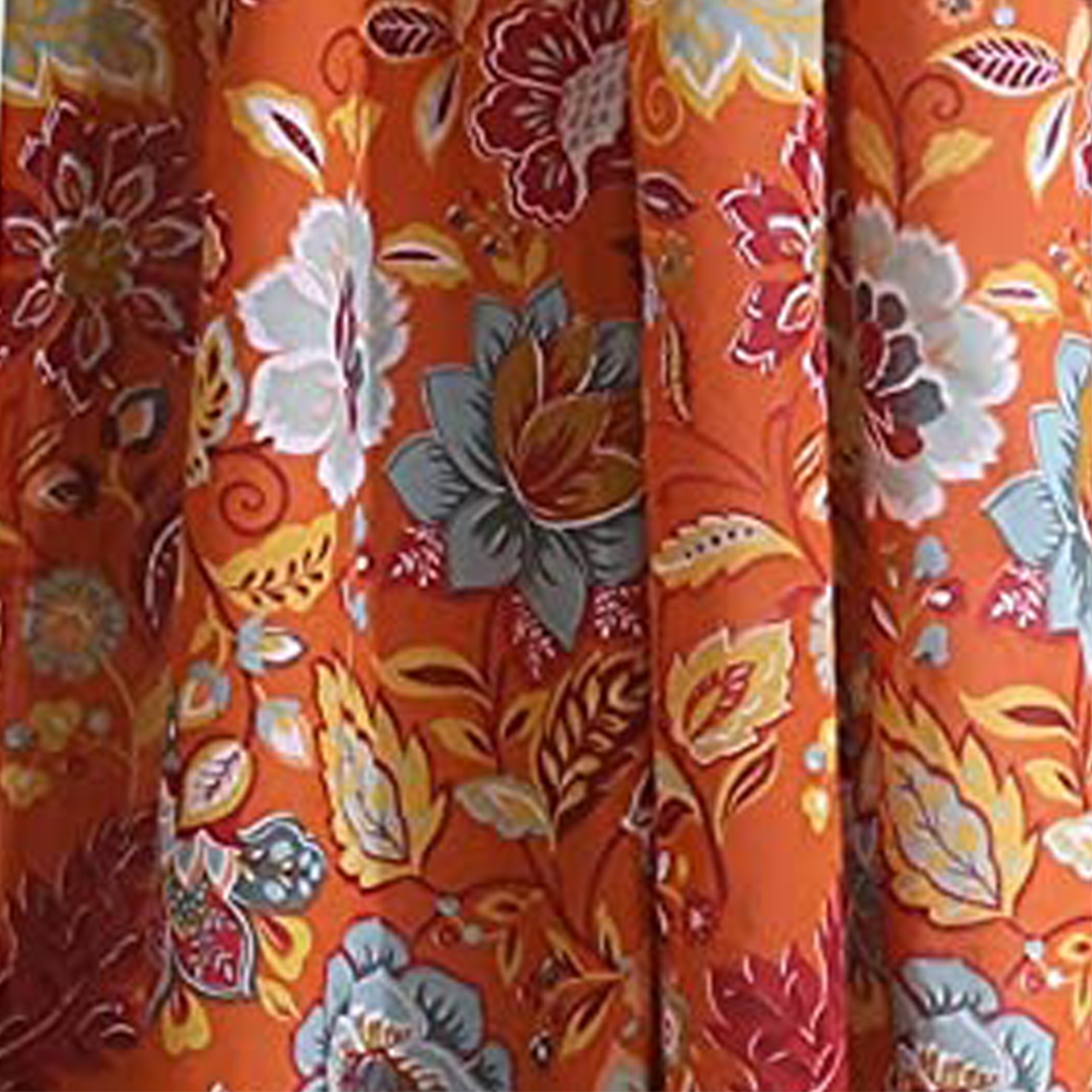 Benjara Paris 4 Piece Floral Print Fabric Curtain Panel with Ties, Orange