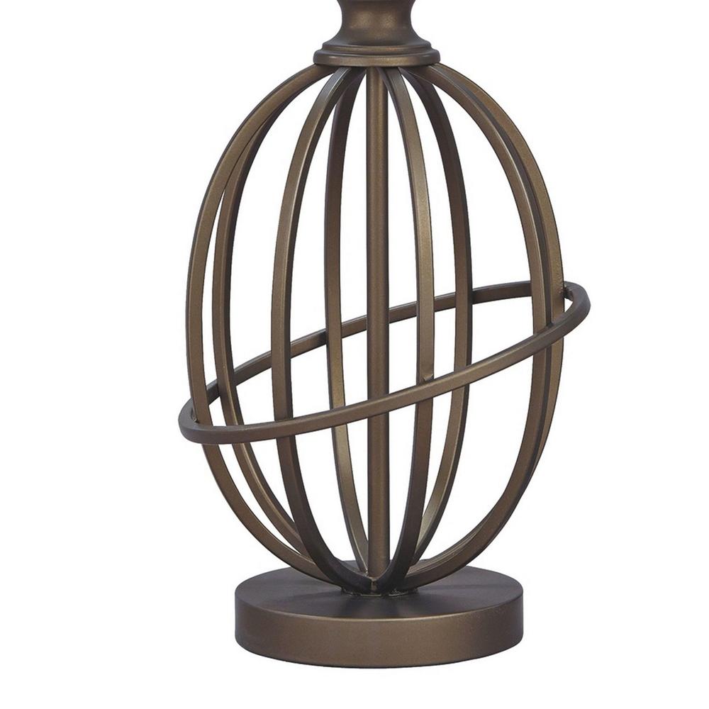 Benjara Armillary Metal Base Table Lamp with fabric Shade, White and Bronze
