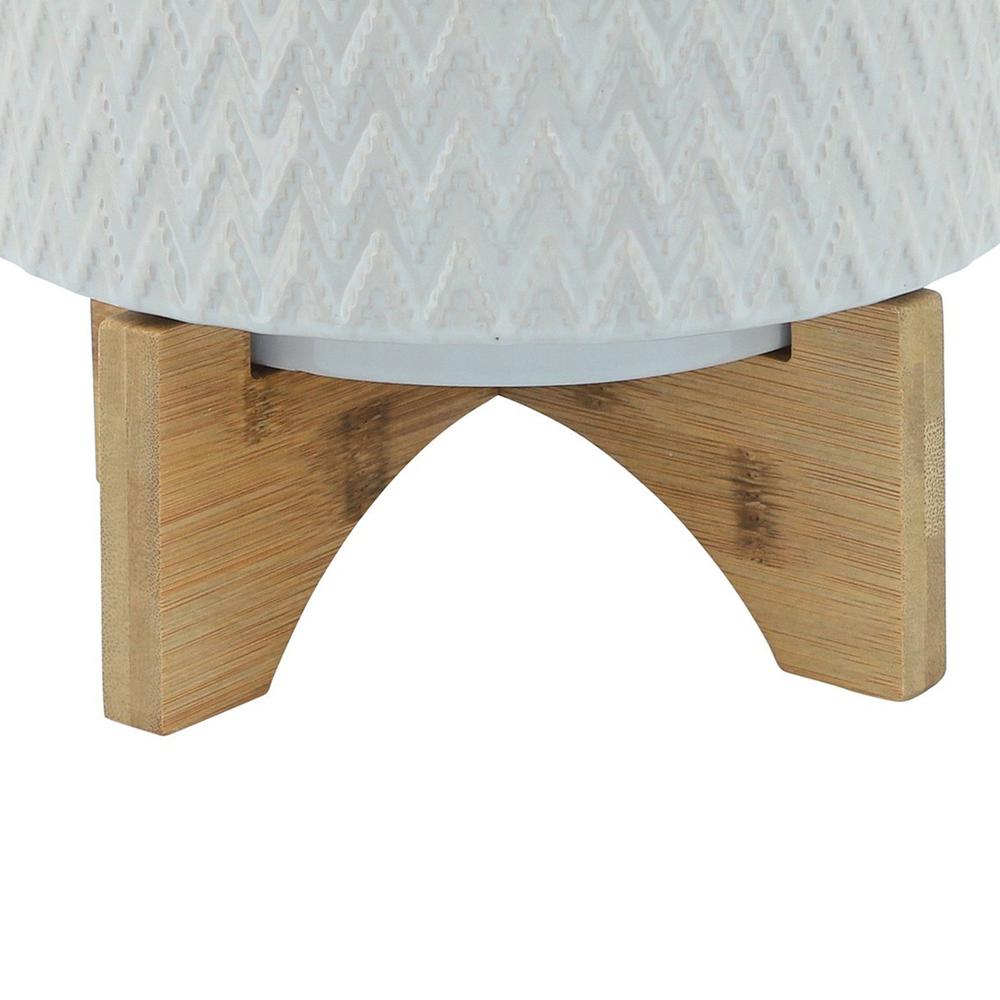 Benjara Ceramic Planter with Chevron Pattern and Wooden Stand, Small, White