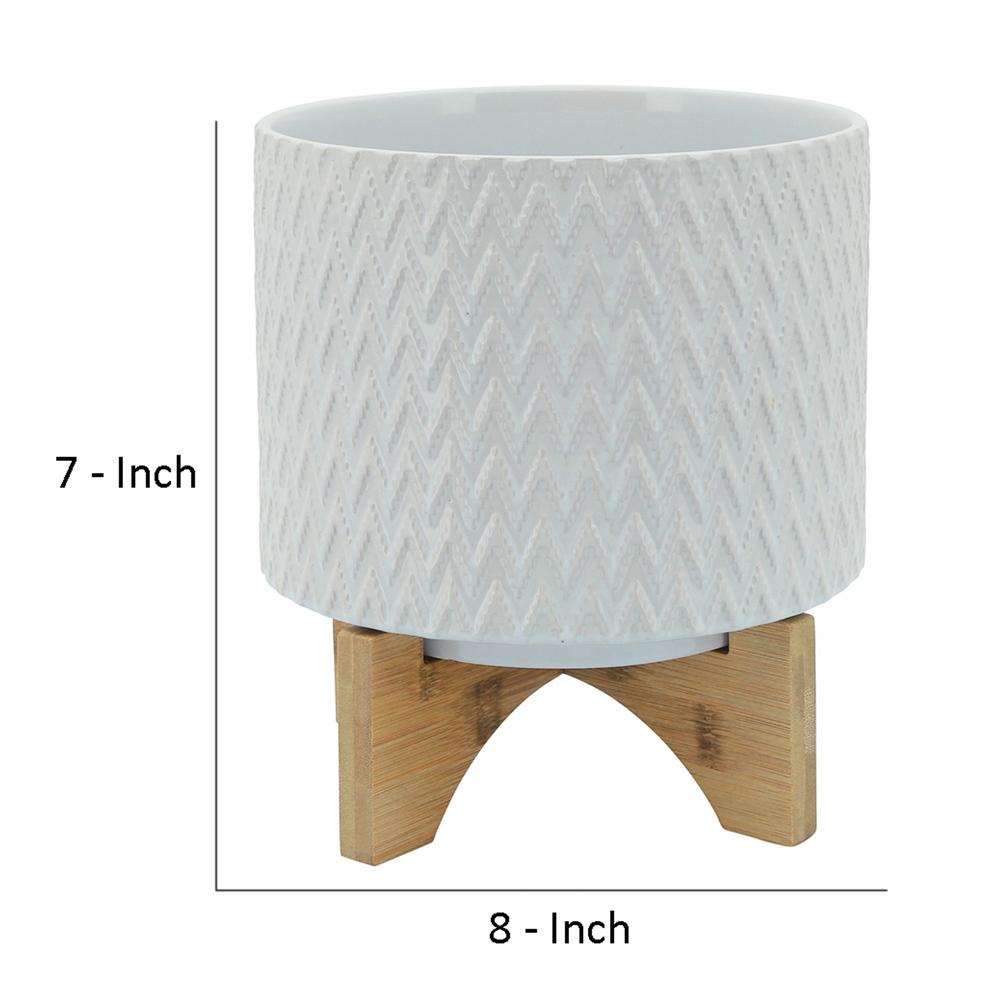 Benjara Ceramic Planter with Chevron Pattern and Wooden Stand, Small, White