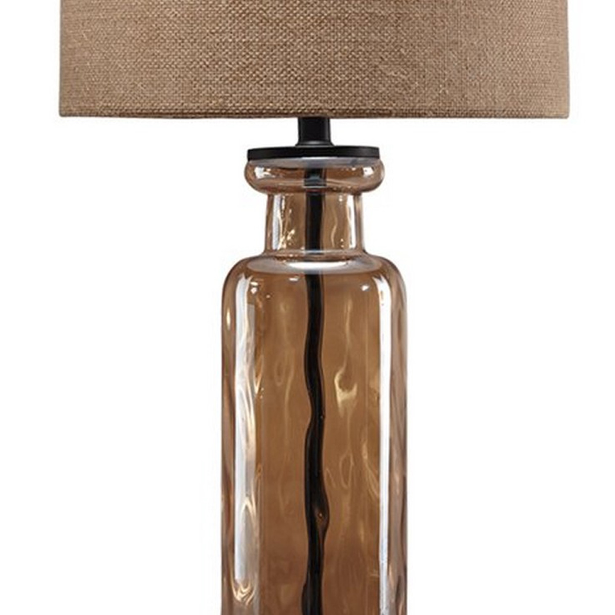Benjara Glass Table Lamp with Fabric Drum Shade, Gold and Beige
