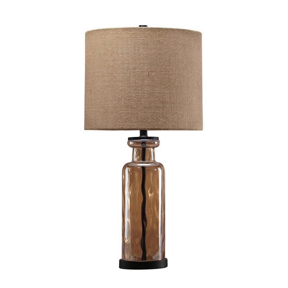 Benjara Glass Table Lamp with Fabric Drum Shade, Gold and Beige