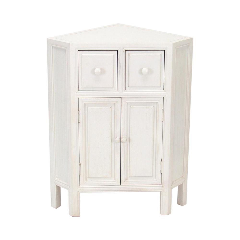 Benjara Wooden Corner Cabinet with 2 Drawers and 2 Doors, White