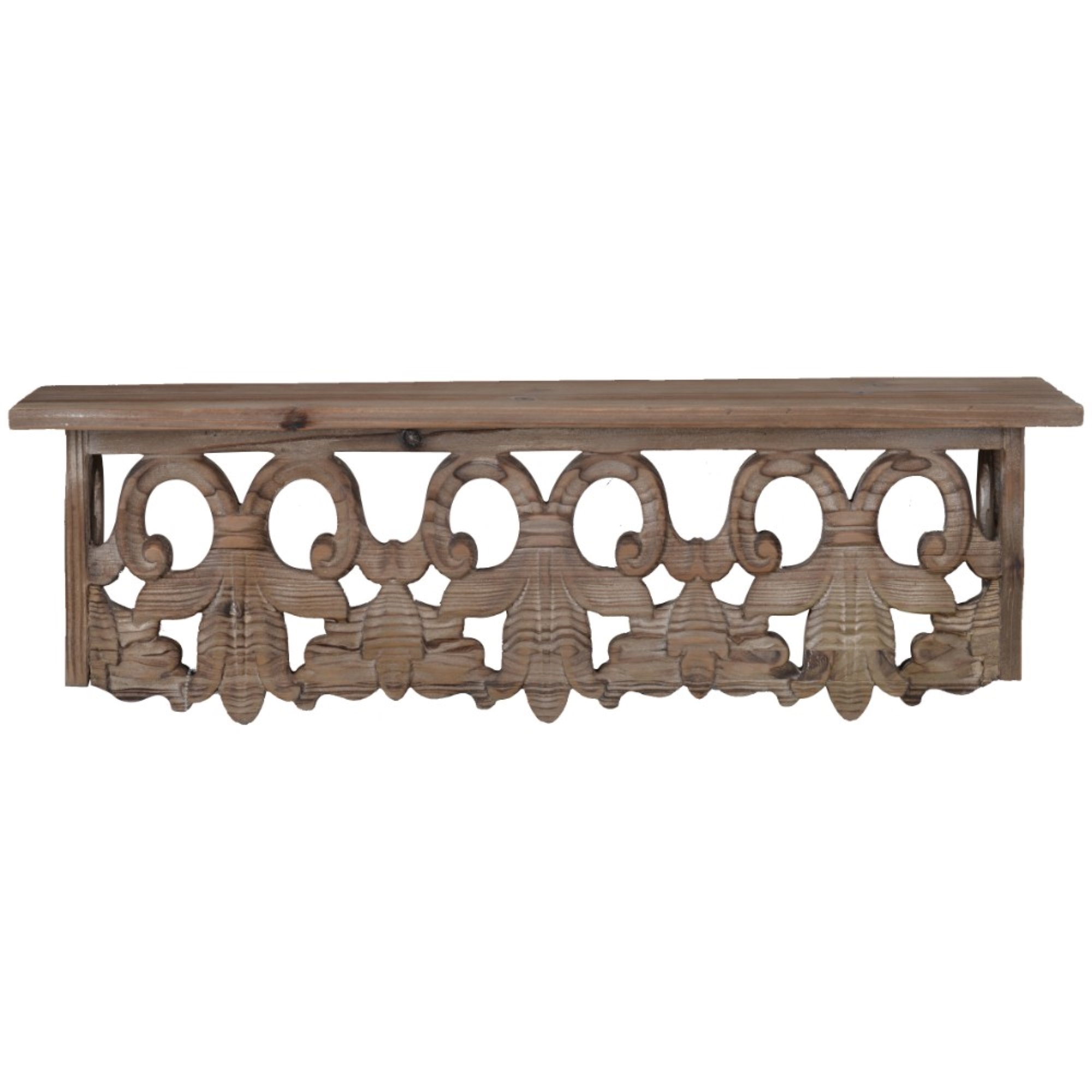 Benzara 23.5 Inches Wooden Wall Shelf with Scrollwork, Small, Brown