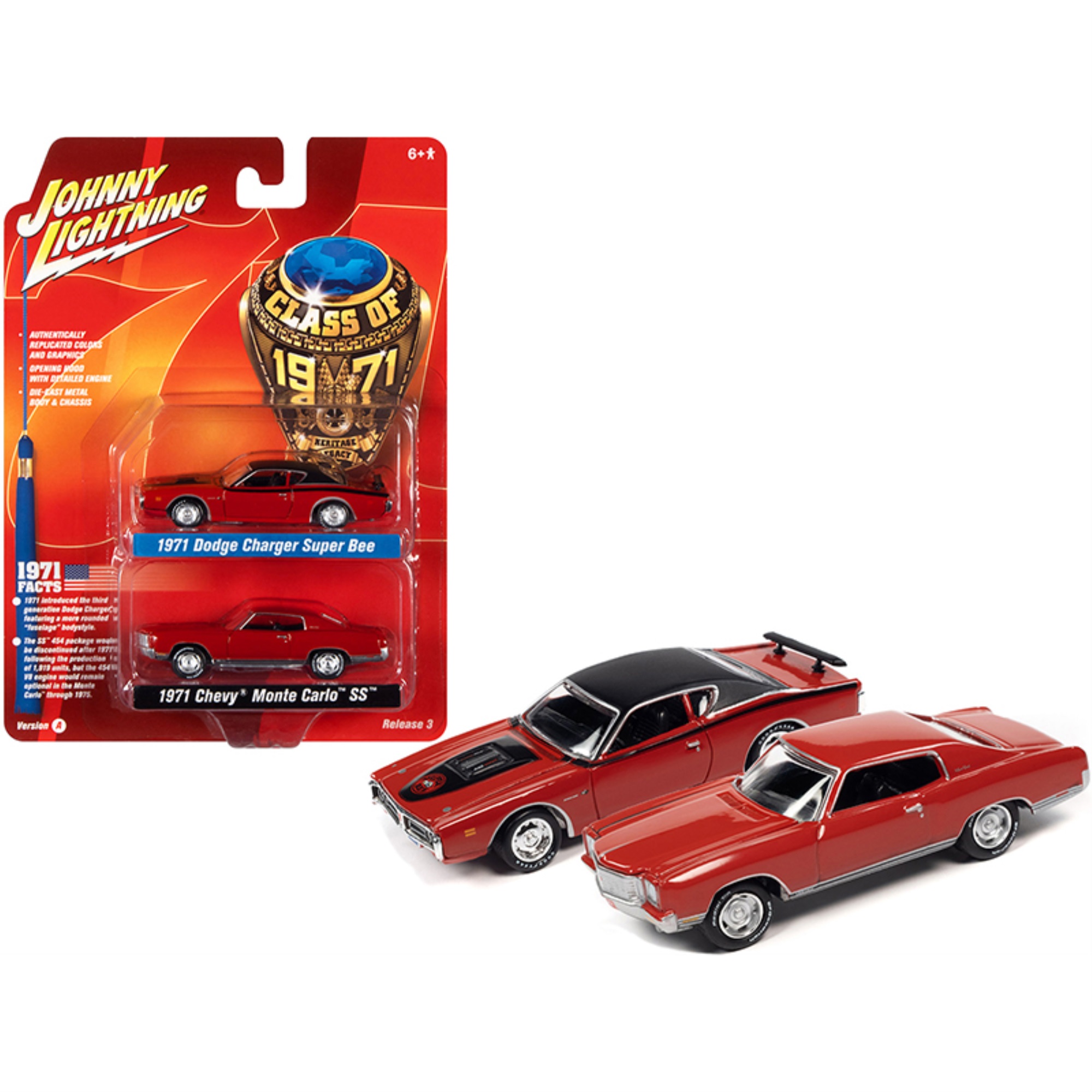 JohnnyLightning 1971 Dodge Charger Super Bee Red with Black Top and 1971 Chevrolet Monte Carlo SS Cranberry Red "Class of 1971" Set of 2 Cars 1