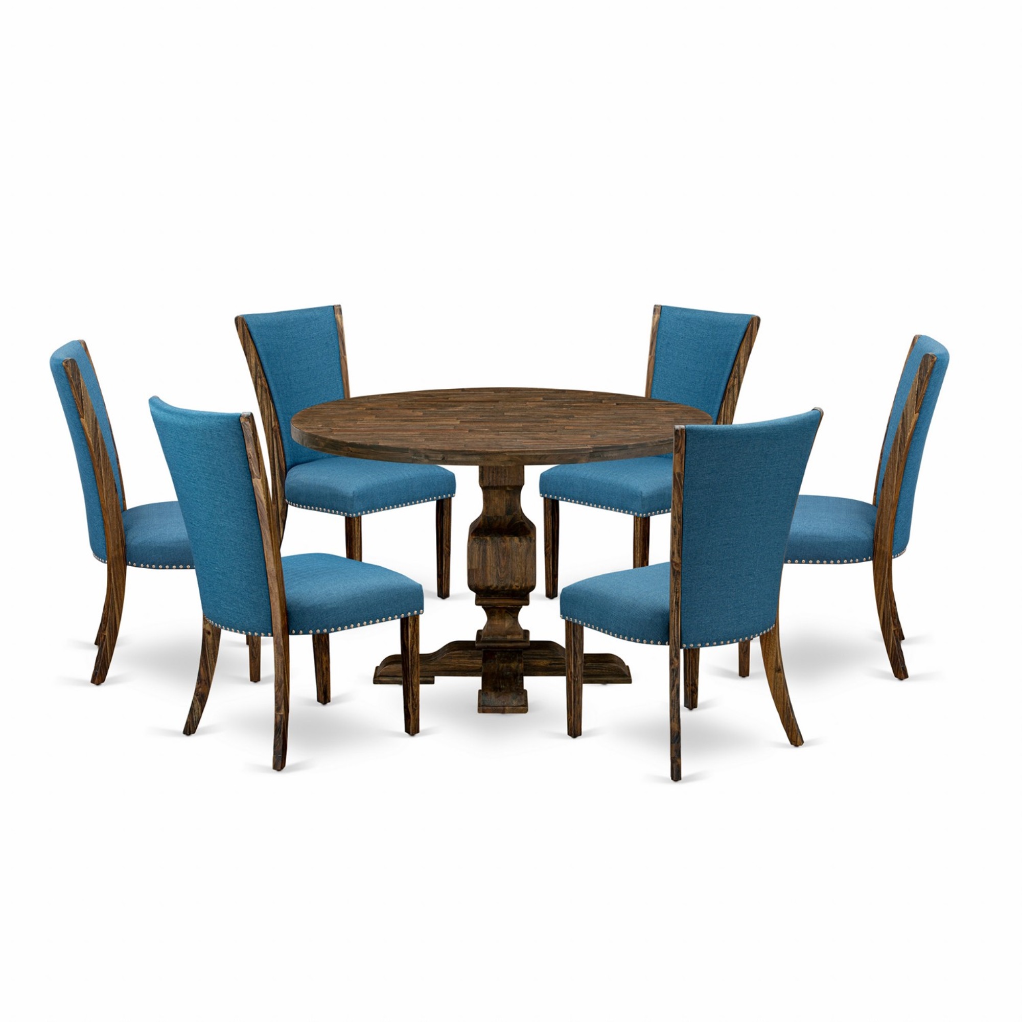 East West Furniture I3VE7-721 7Pc Dining Set - Round Table and 6 Parson Chairs - Distressed Jacobean Color