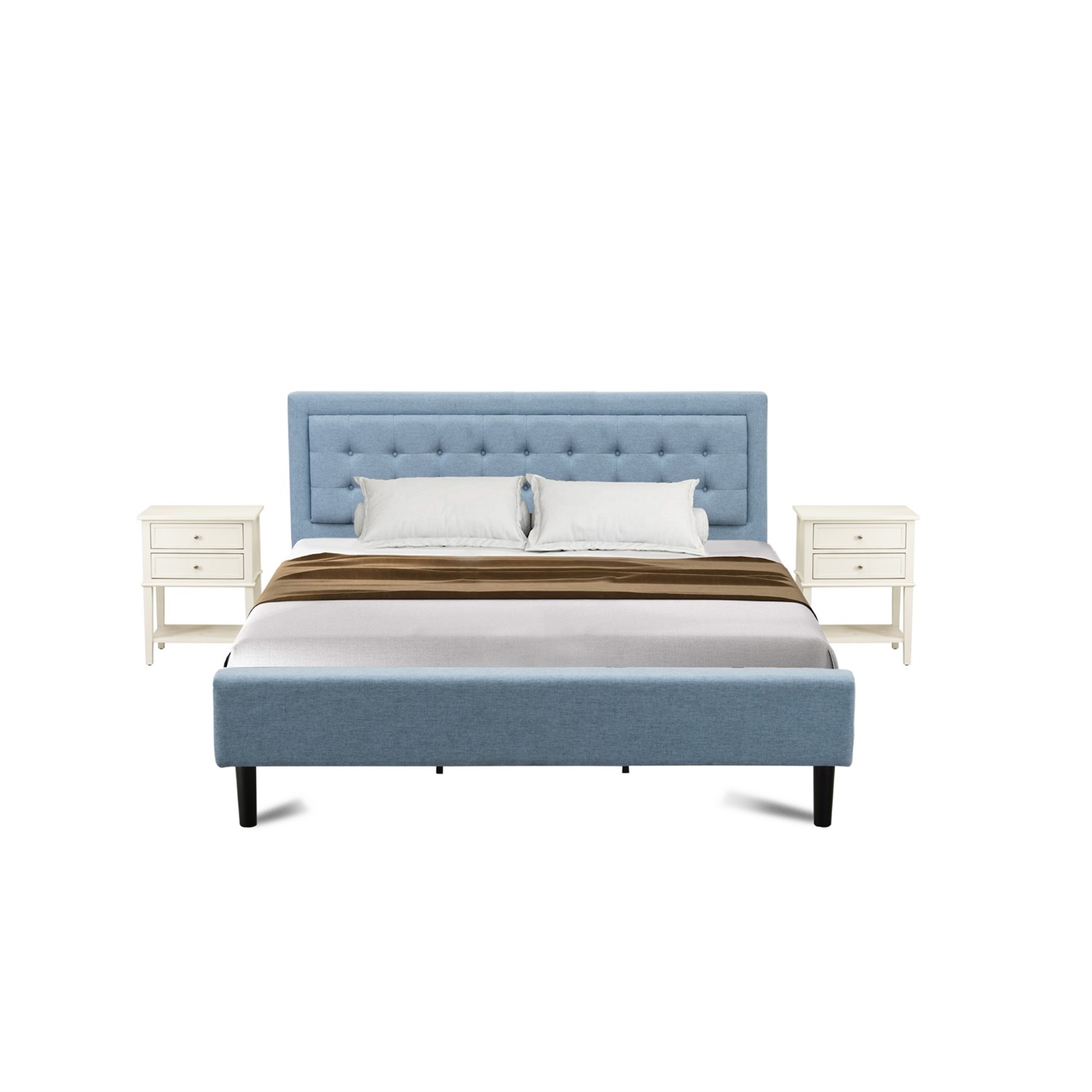 East West Furniture FN11K-2VL0C 3-Piece Platform Bed Set with 1 Modern Bed and 2 Bedroom Nightstands - Reliable and Sturdy Manufacturing - Denim B